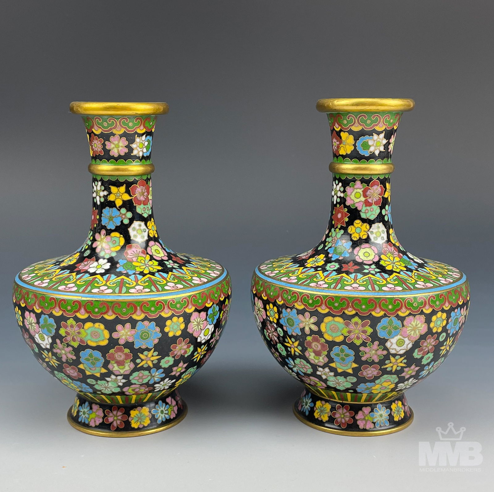 Chinese Pair Fine Cloisonne Enamel 6" Floral Vases (1 of 4)