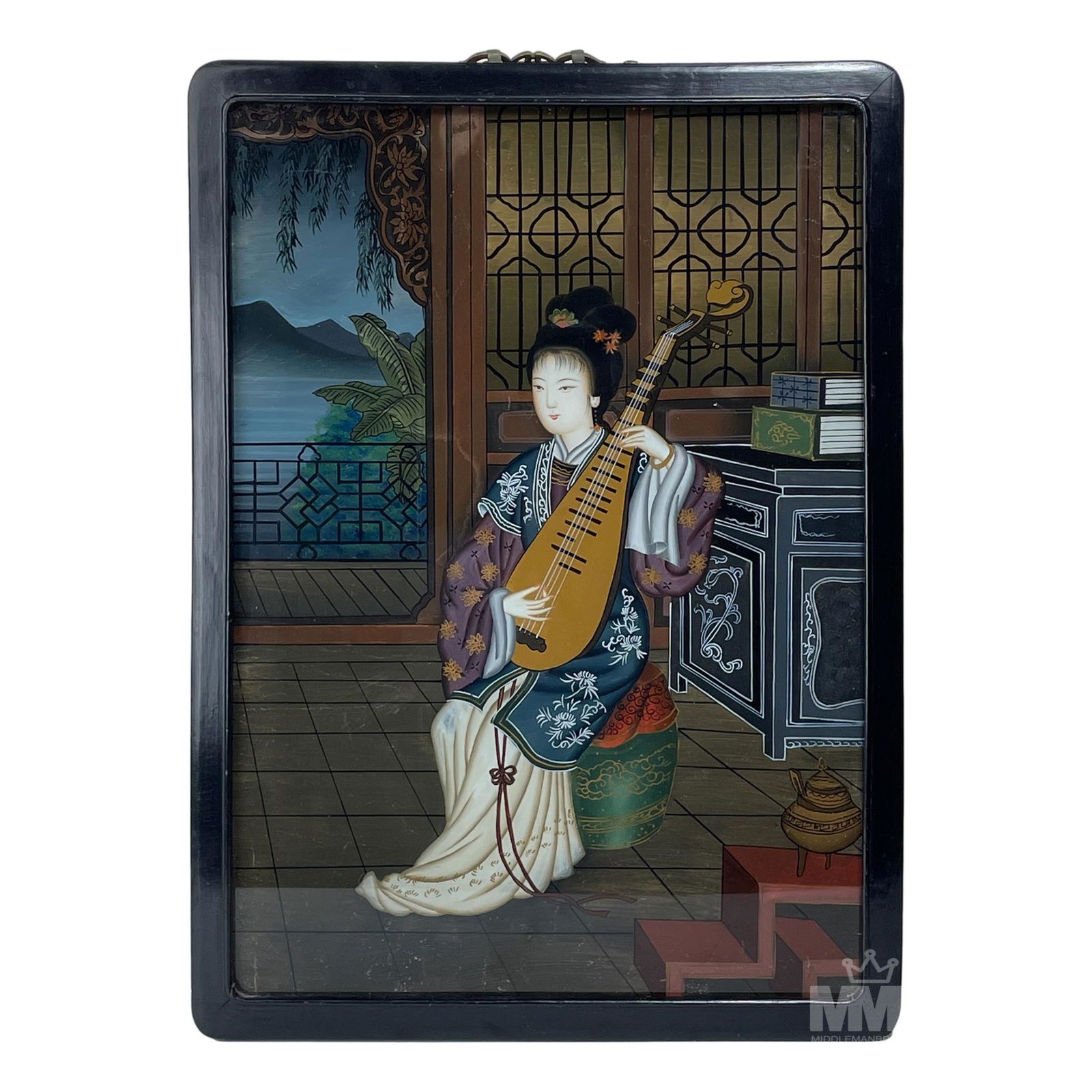 Chinese Woman w Mandolin Reverse Painting on Glass (1 of 3)