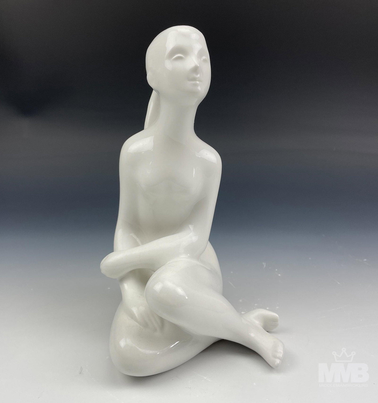 Royal Dux Bohemian Czech Nude Porcelain Figurine: Vintage Royal Dux glazed Bohemian Czech porcelain sculpture of a naked woman. Signed on bottom with raised pink triangle. Measures 9 1/2 in x 5 1/2 in x 5 in. MMB Inc. in house USA continental shippin