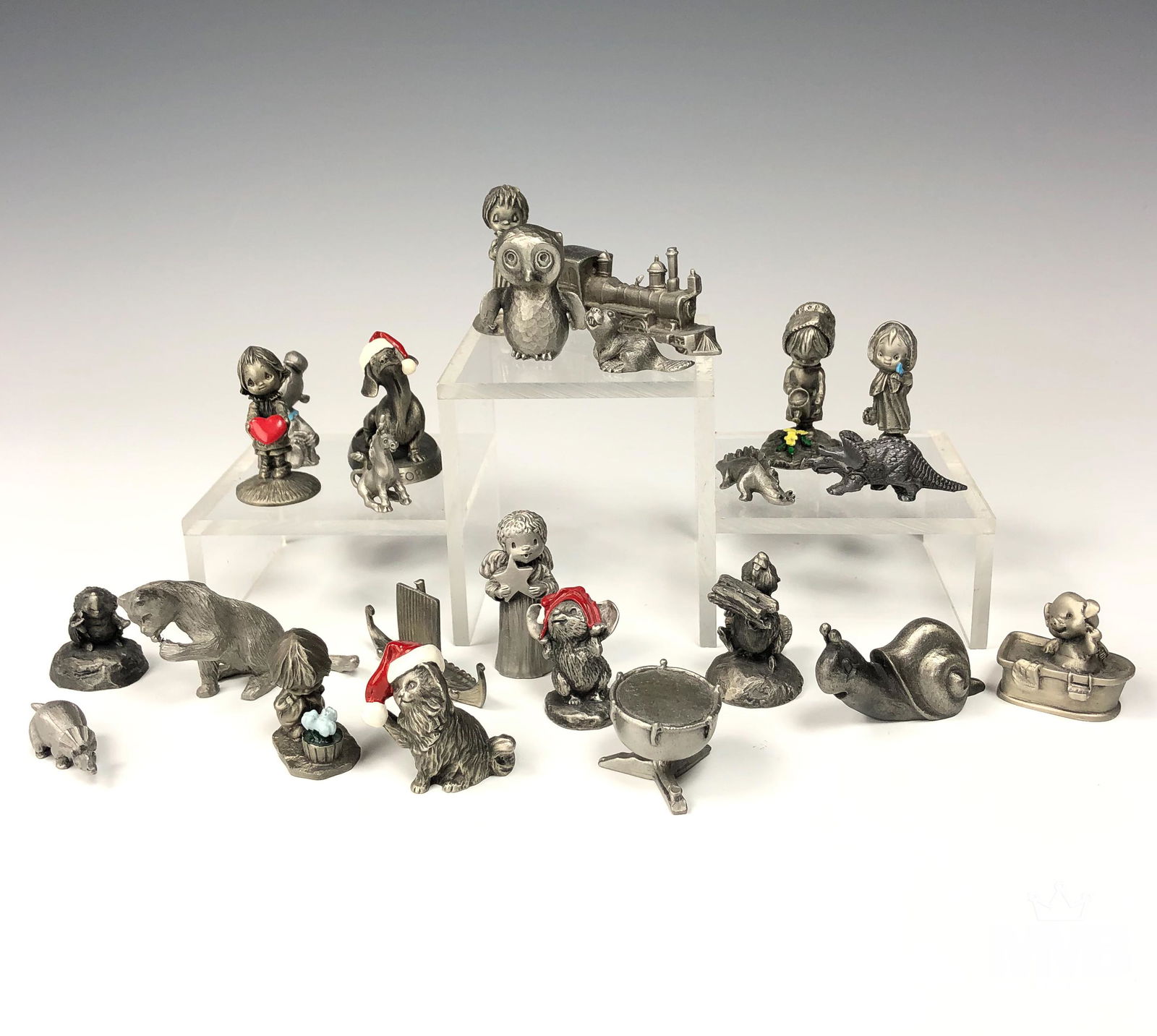 Collection Lot 23 Mini Miniature Pewter Figurines: Among the figurines that are included in this auction are children, dogs, cats, beavers, dinosaurs, snail, boat. All are modeled in pewter. Good condition. No chips, cracks or repairs. Measures from a