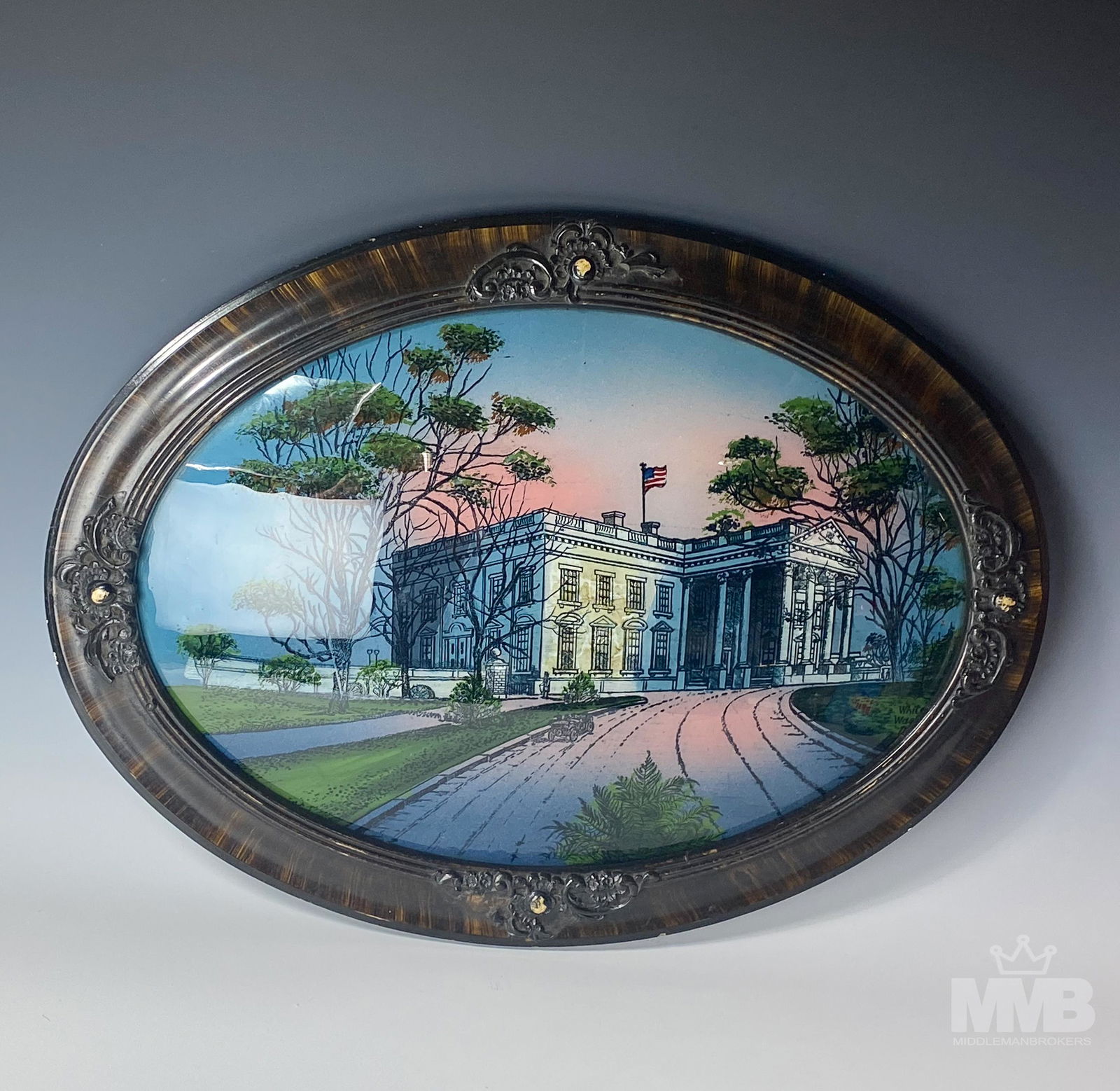 19C Reverse White House Oval Painting on Glass (1 of 4)