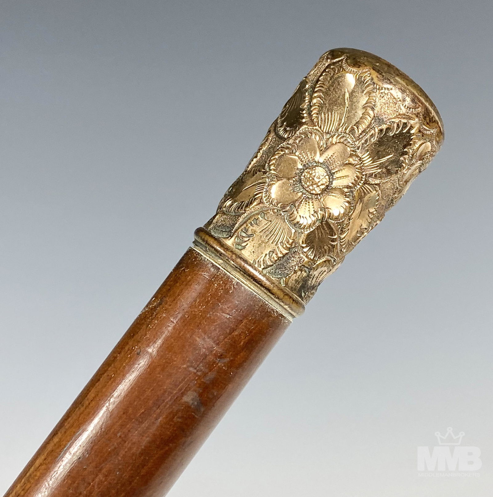 Antique 19c Gold Filled Wood Cane Walking Stick (1 of 4)