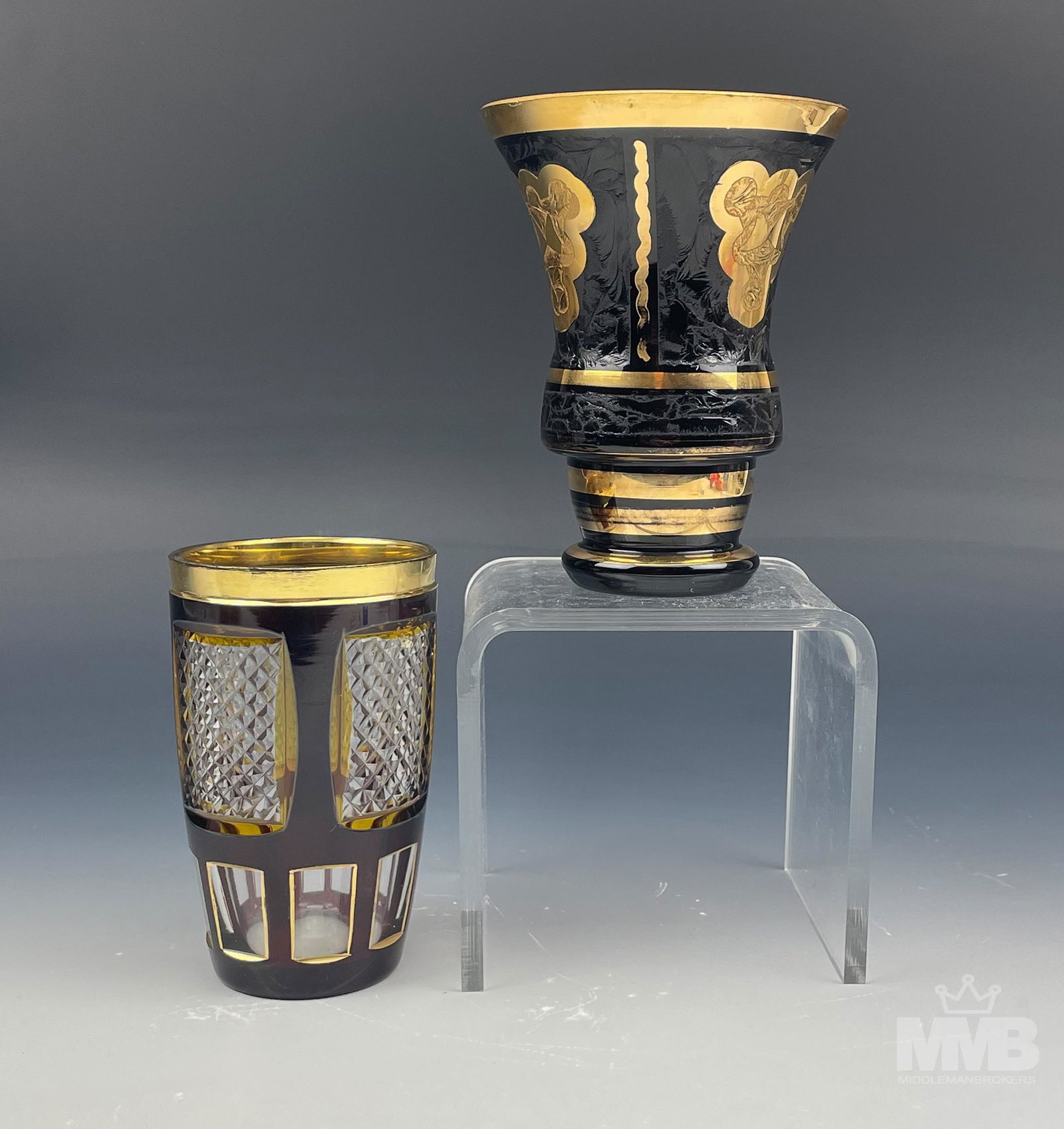 Gold Encrusted Goblet & Cut Clear Ruby Glass LOT (1 of 7)