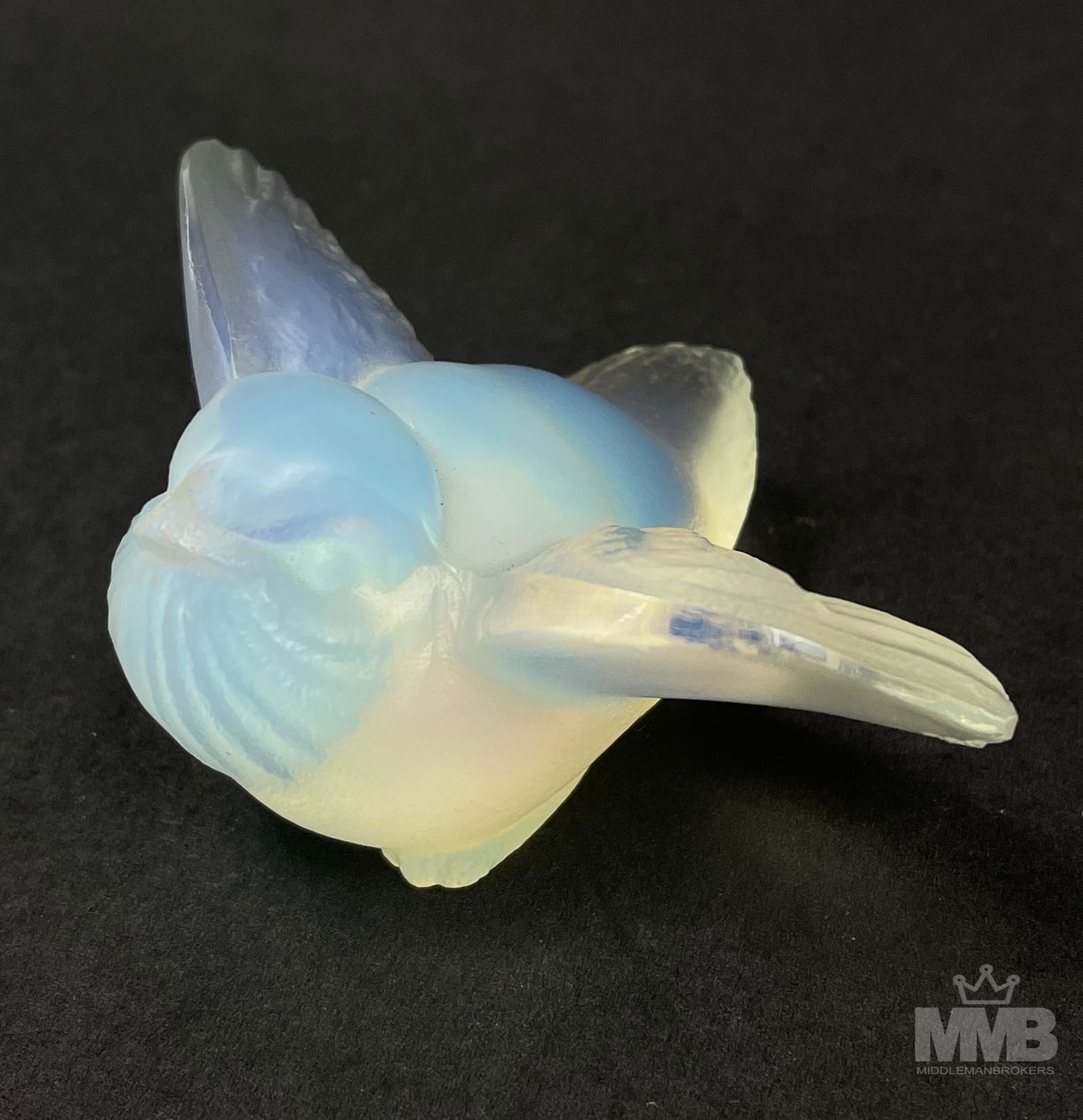Sabino French Opalescent Art Glass Bird Figurine: Originally designed by Marius Sabino ~ 1925 who created this extraordinary opalescent glass with this prominent blue hue much like a fire opal. This detailed figurine titled "Oiseau Batailleur" depict