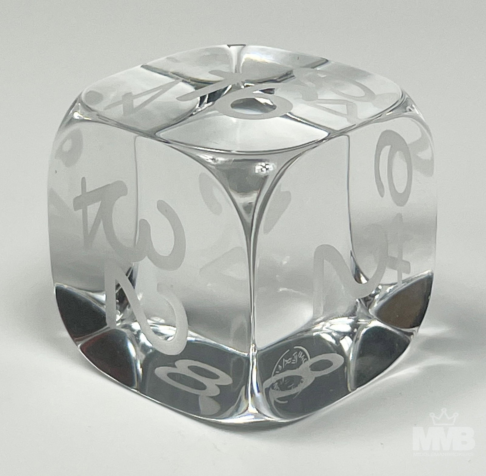 Baccarat French Crystal Casino Gaming Glass Dice: Baccarat France French crystal art glass paperweight in the form of a dice. Marked with incised numbers. Crystal clear sparkling clarity. No box. Good condition. No chips, cracks or repairs. Measures 