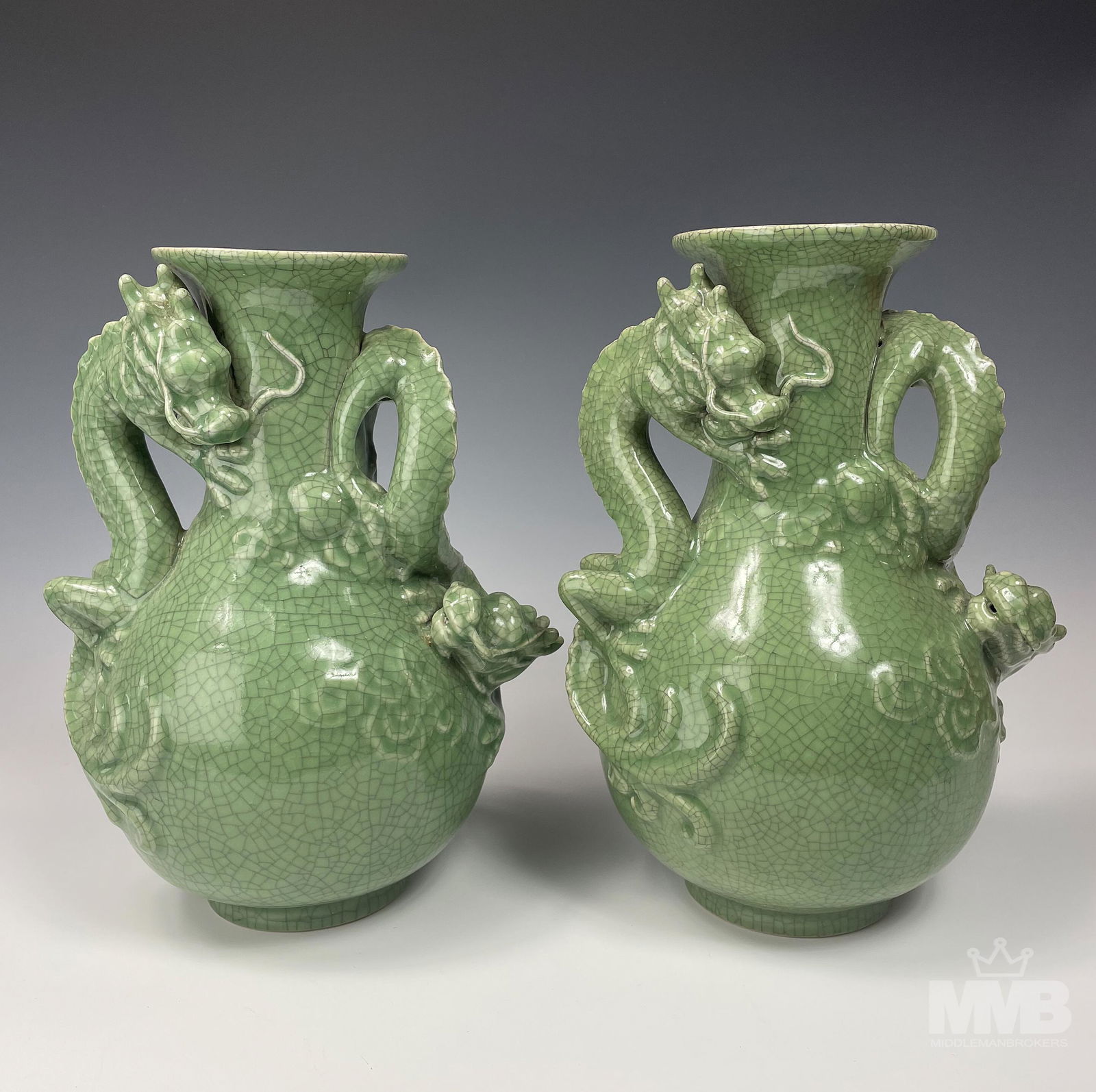 2 Chinese Celadon Crackle Glaze Dragon Handle Vase (1 of 6)
