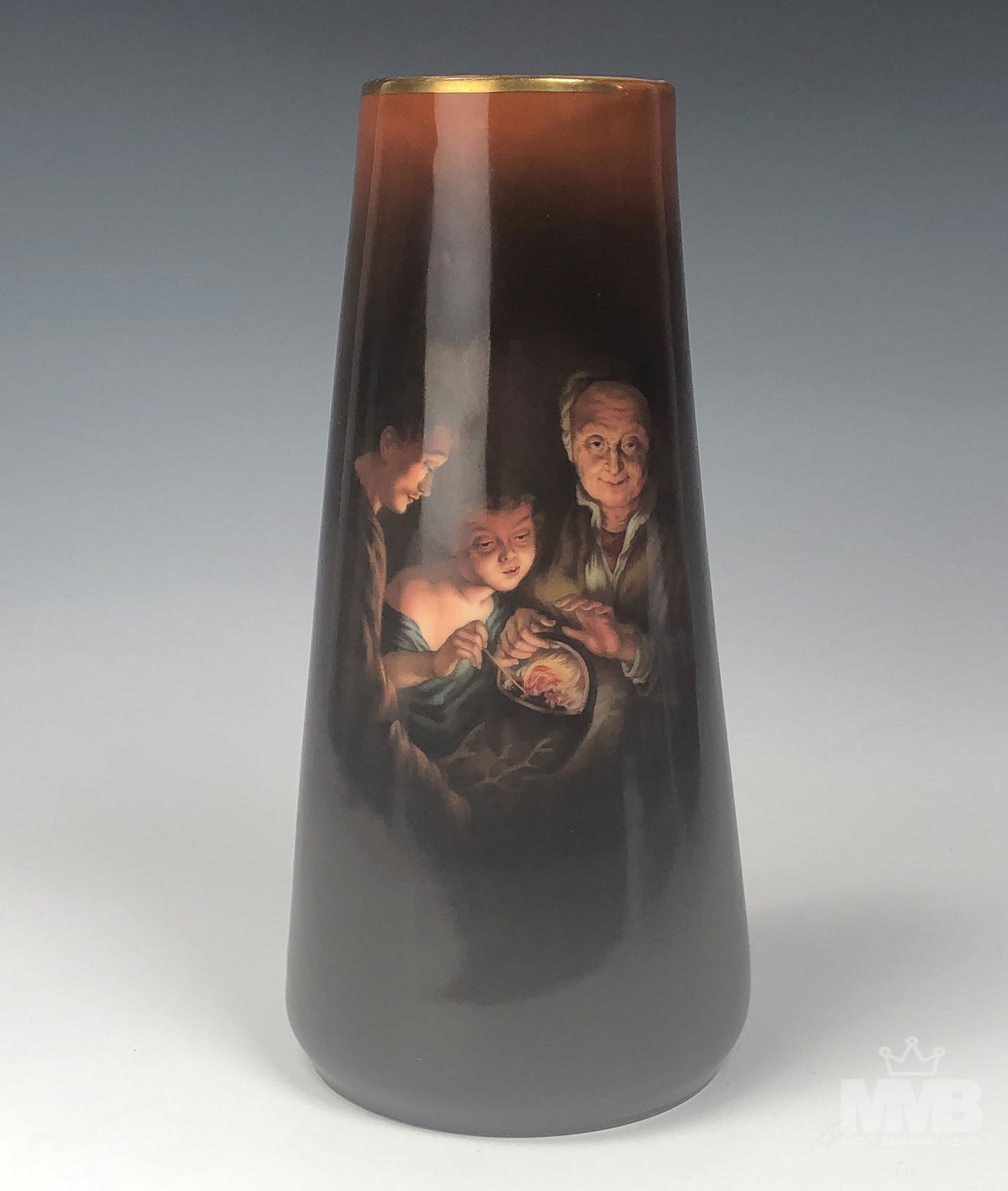 Carl Tielsch Altwasser Figural Porcelain Vase: Carl Tielsch porcelain German vase. Features a figural image of a family holding a bucket with a heat flame with a gold gilt rim. Marked on bottom. Measures 10 1/2 in x 5 1/2 in x 5 1/2 in. Good overa