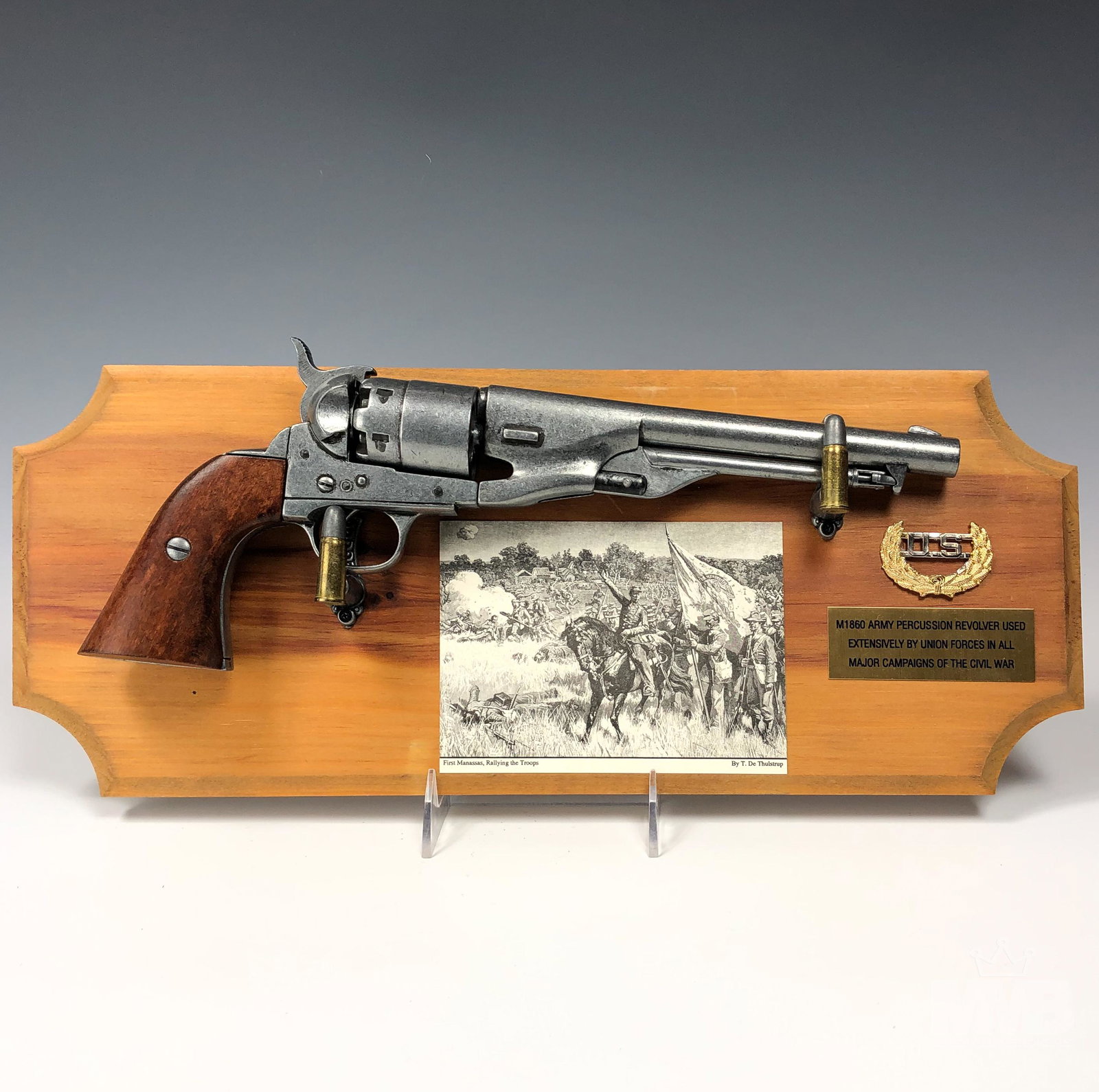 1860 Army Percussion Revolver Gun Replica w Stand: This NON FIRING cap and ball full sized .44 calibre single action circa 1860 army revolver is a replica of the ones extensively used in all major campaigns by Union Forces during the American Civil Wa