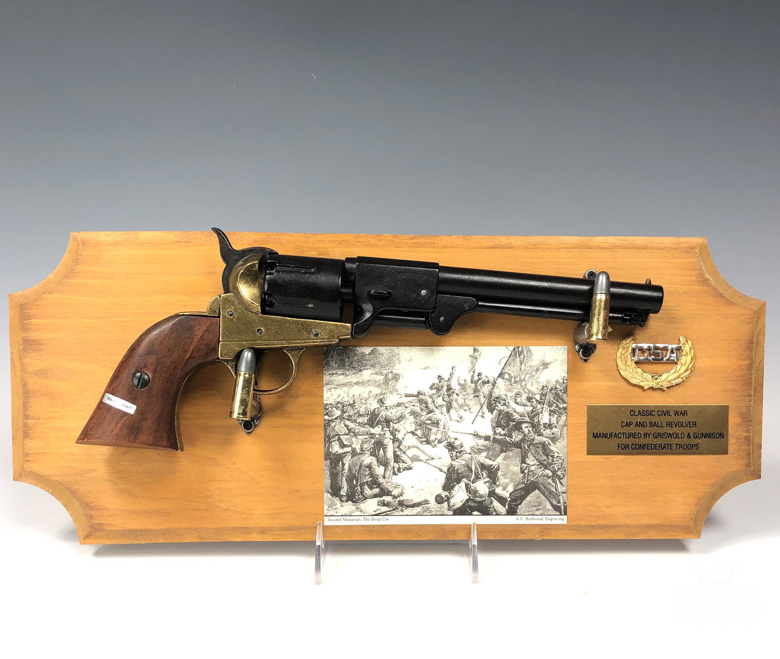 1860 Griswold Gunnison Replica Revolver Framed Set: This replica NON FIRING Southern percussion six shot cap and ball revolver was manufactured by Griswold & Gunnison, Georgia ~ circa 1860's. Works just like the original and features a brass frame with