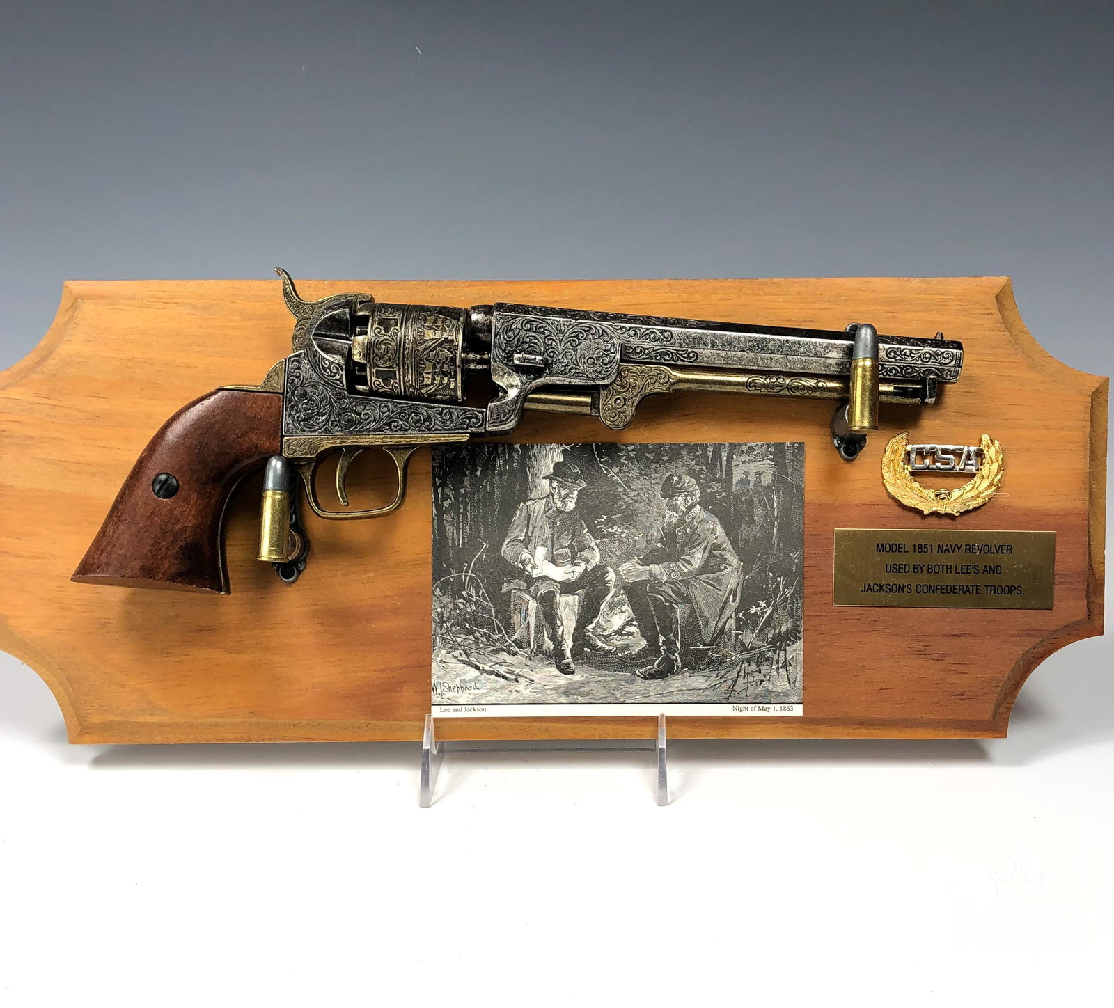 M1851 Civil War Replica Revolver Pistol Frame Set: This NON FIRING replica M1851 Navy cap and ball revolver features an engraved nickel silver and gold tone finish with wooden grips. Features a copy of an engraving of The Last Meeting at Chancellorsvi