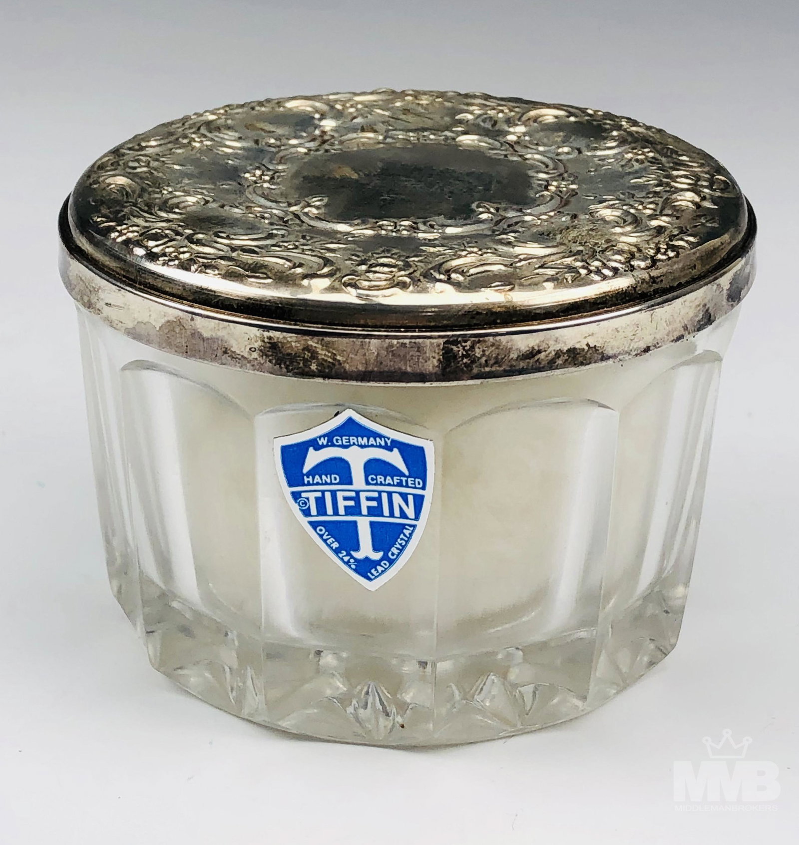 Tiffin Crystal Towle Sterling 925 Mount Powder Jar: Antique hand crafted lead crystal sterling mounted vanity dresser powder jar with powder puff. Body with an unique recessed panel design around. An Art Nouveau influenced raised floral pattern with bl