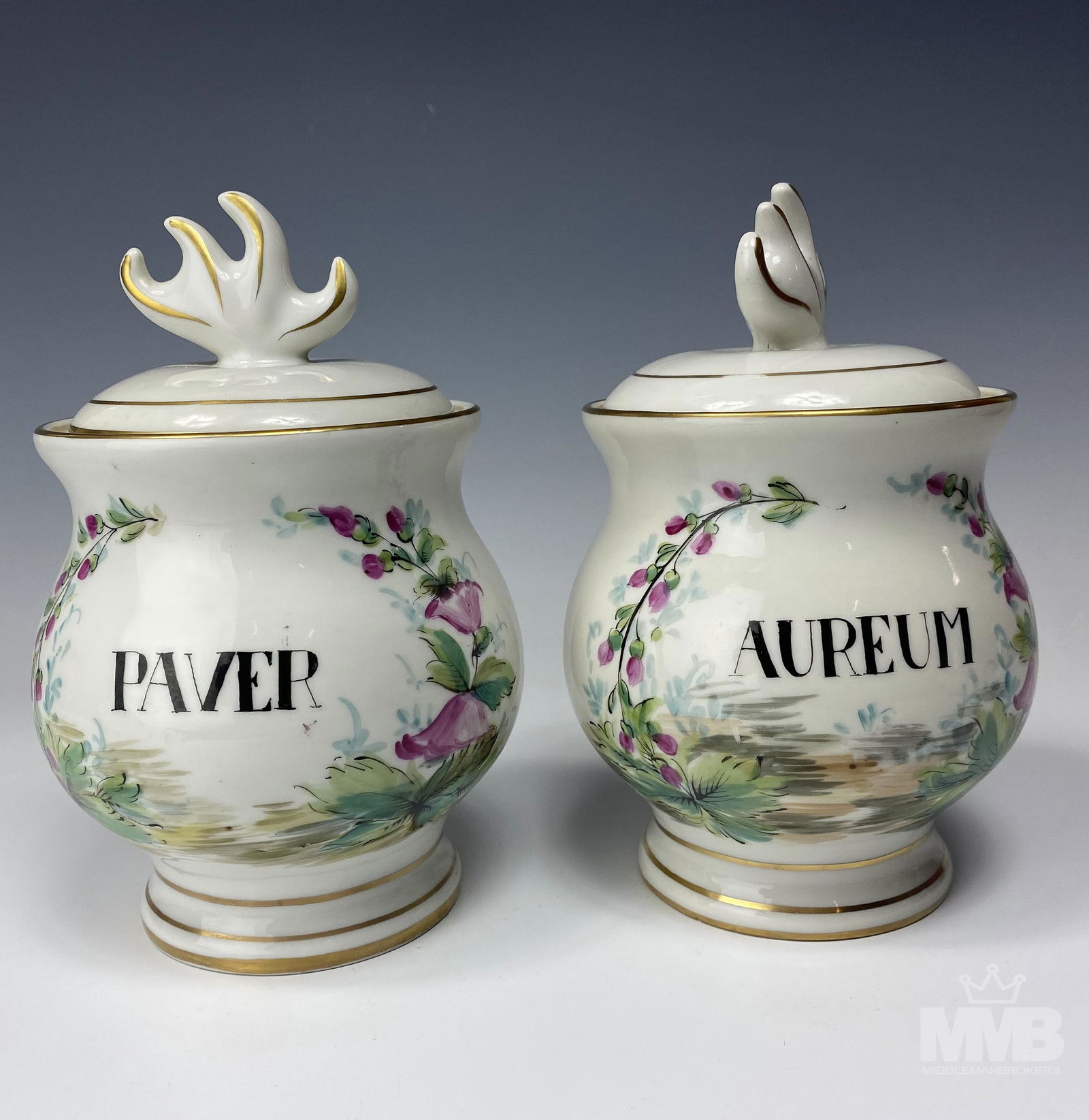Pr Antique French Floral Porcelain Pharmacy Jars (1 of 13)