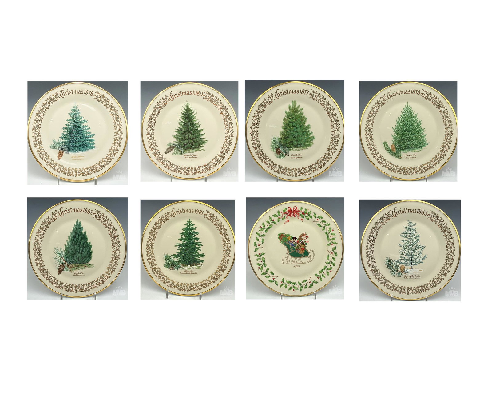 8 Lenox Porcelain Christmas Xmas Holiday Plates: Estate collection lot of Lenox limited edition commemorative issue festive holiday plates. The years include 1977-1983 and one plate is from 1991. All housed in their original boxes and are well prese