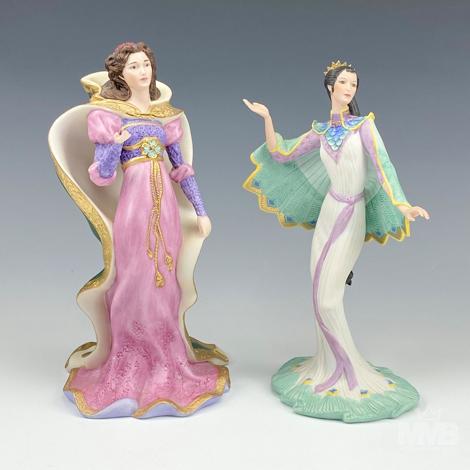 Lenox Maid Marian & Peacock Maiden Figurines Lot 2: Lenox hand painted fine porcelain figurines. Includes the following ~ Maid Marian. Executed in a limited edition size number, this one being #3895 and issued in 1994. Peacock Maiden was issued in 1991