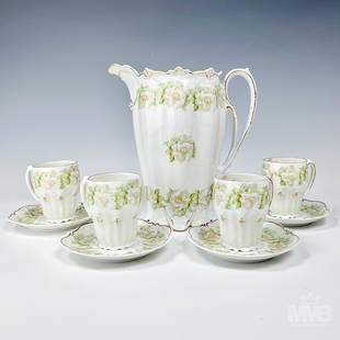 MZ Austrian Porcelain Coffee Tea Pot Cups Saucers: Antique late 19th early 20th century MZ (Moritz Zdekauer) porcelain tea coffee pot and 4 cups and saucers. Made at their Altrohlau Austria works 9 1884 - 1909). Company still in operation and now goes