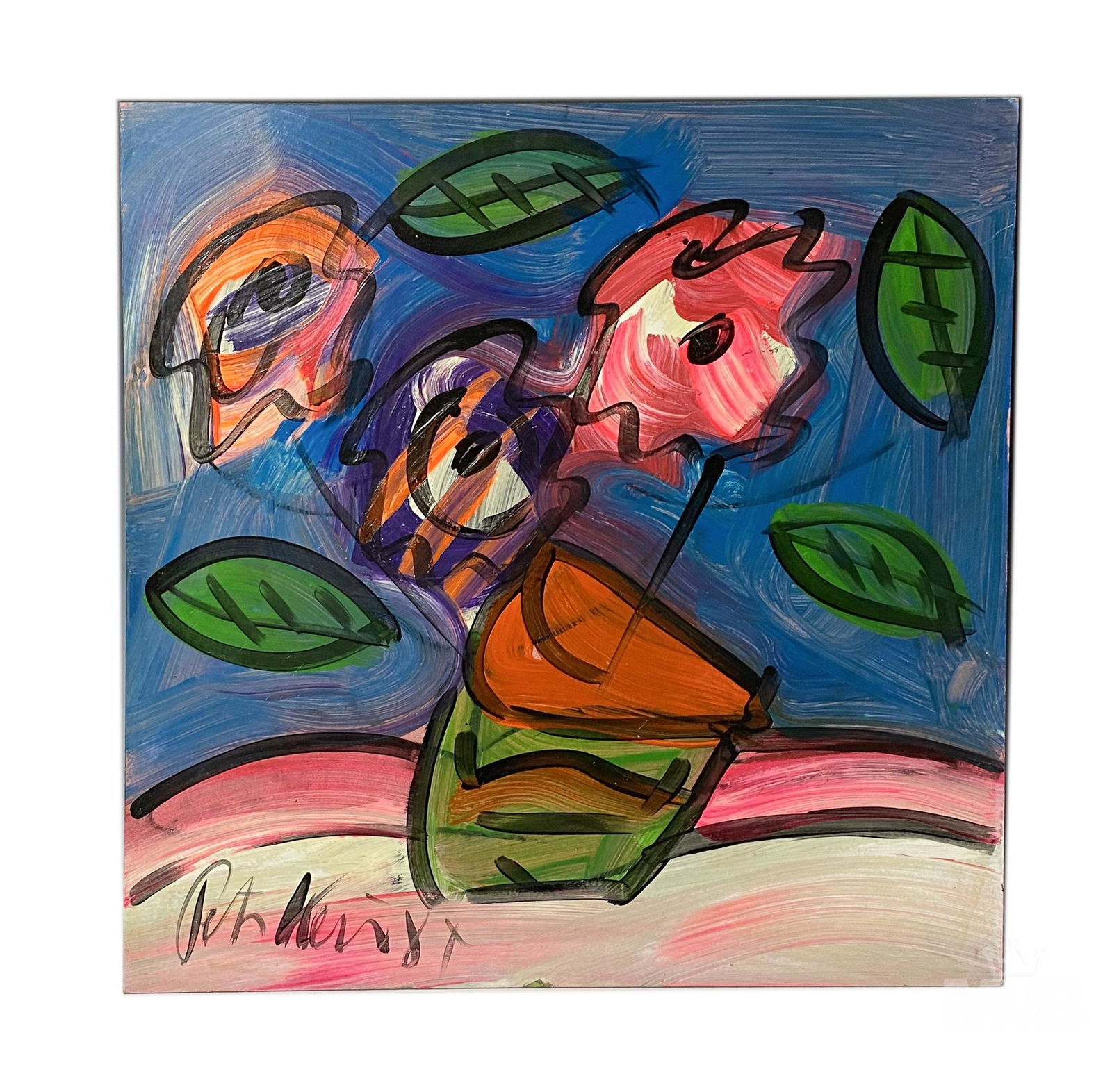 Peter Keil (German b.1942) Still Life Oil Painting: Peter Keil (German, born 1942) Neo Expressionist original oil on board painting. Subject matter features brightly colored spring flowers in a pot, against a blue ground. Good estate fresh condition. M