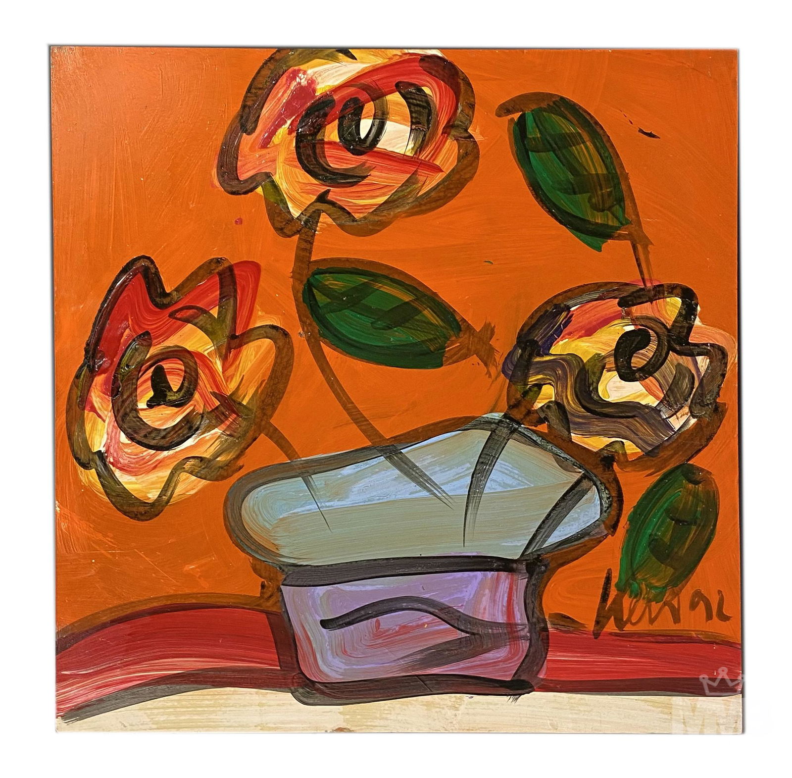 Peter Keil (German b.1942) Still Life Oil Painting: Peter Keil (German, born 1942) Neo Expressionist original oil on board painting. Subject matter depicts yellow orange red flowers in a lavender colored pot, against an orange ground. Good estate fresh