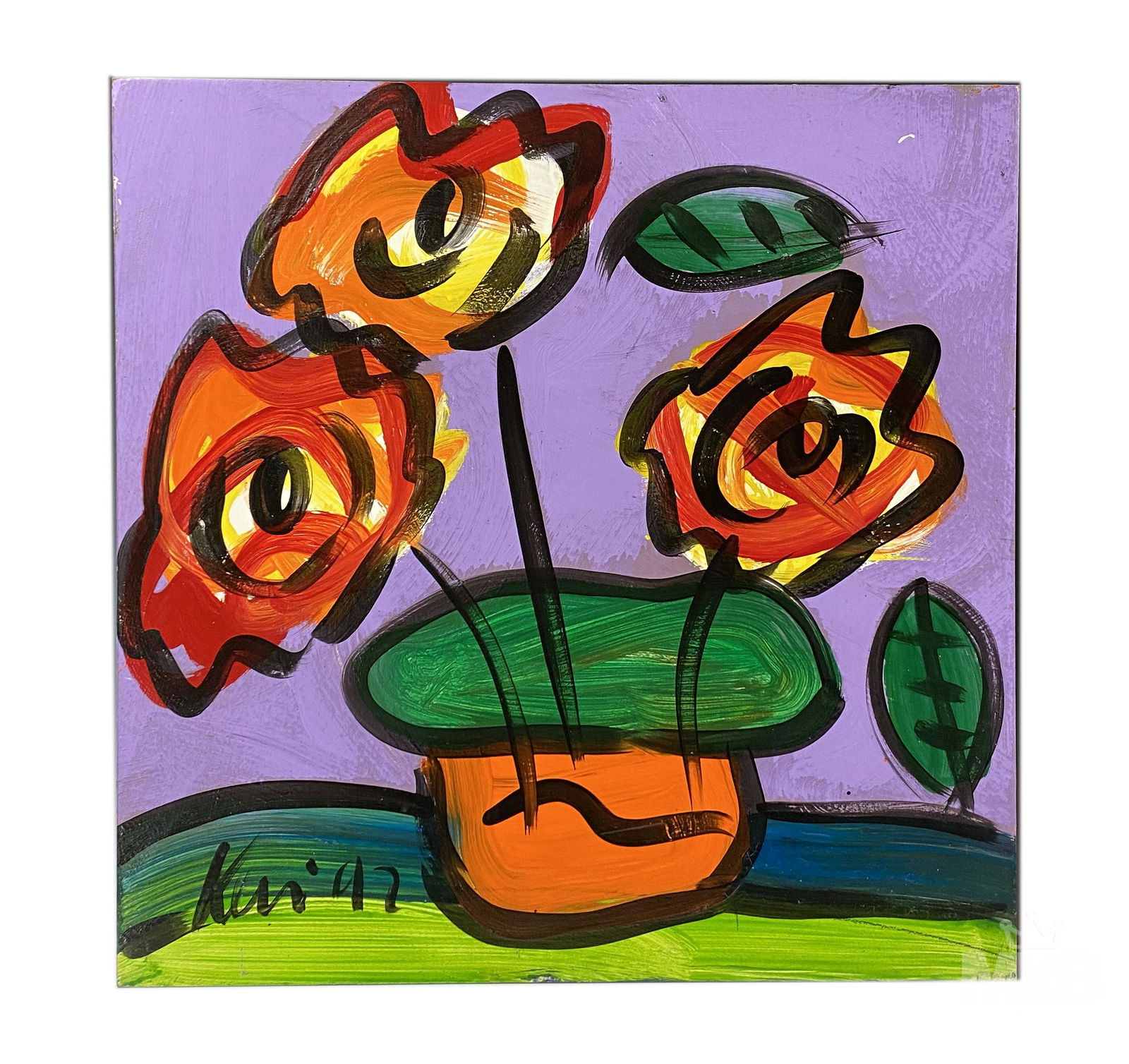 Peter Keil (German b.1942) Still Life Oil Painting: Peter Keil (German, born 1942) Neo Expressionist original oil on board painting. Subject matter depicts a fully bloomed multicolored colored flowers with green leaves and black stems in an orange vase