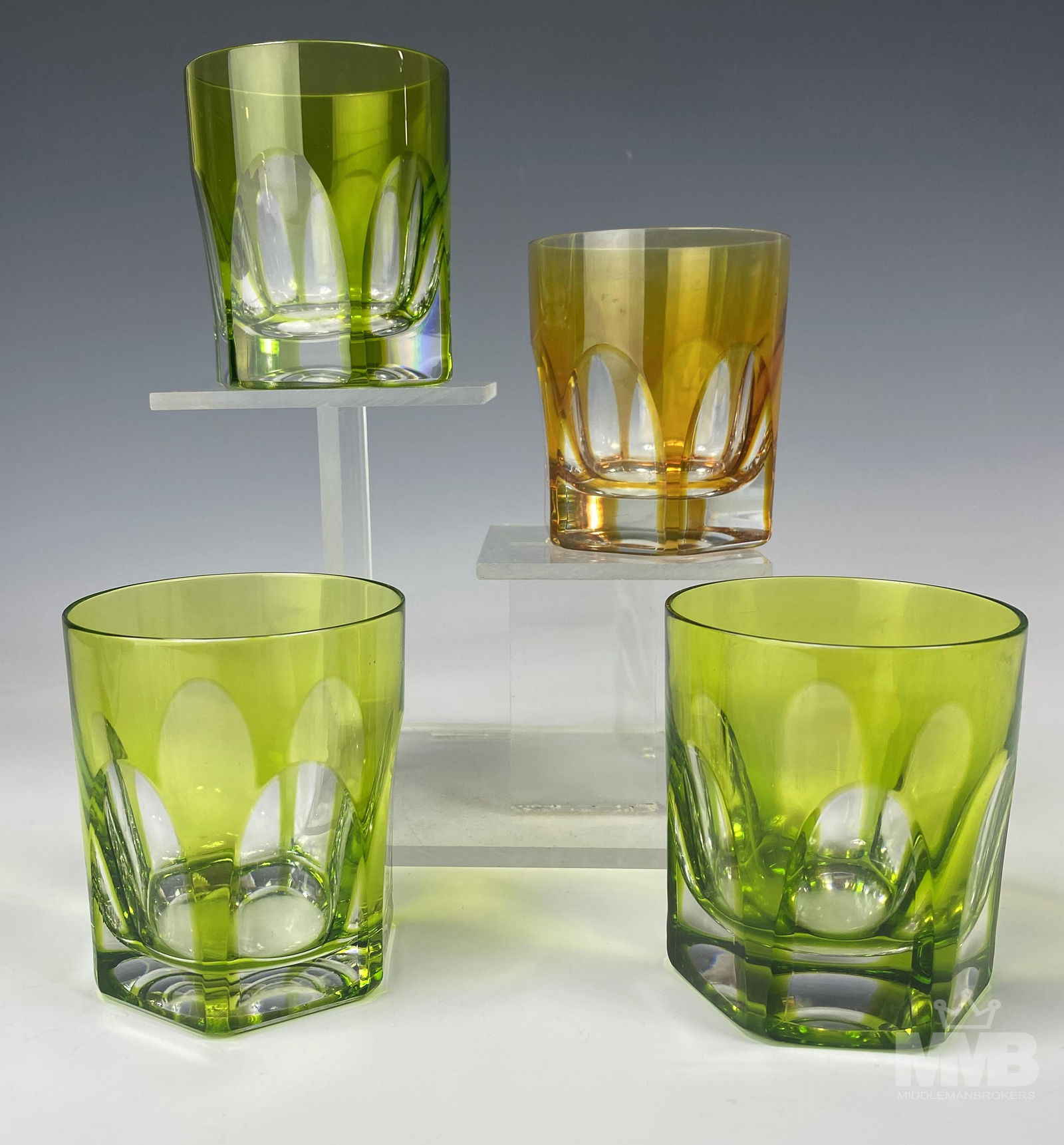 4 Czech Crystal Lime Green & Amber Whisky Glasses (1 of 9)