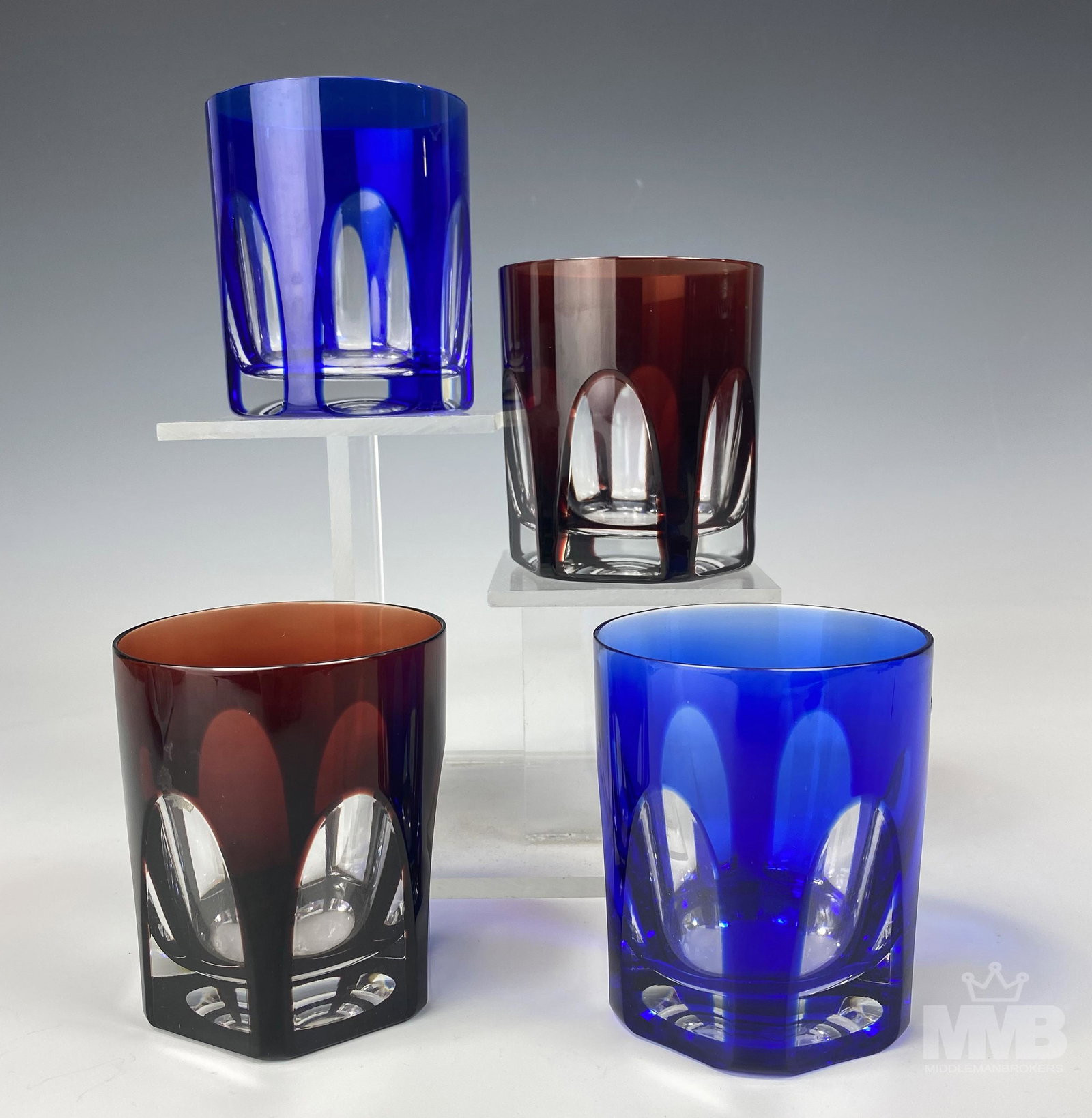 4 Czech Crystal Cranberry & Cobalt Whisky Glasses (1 of 6)