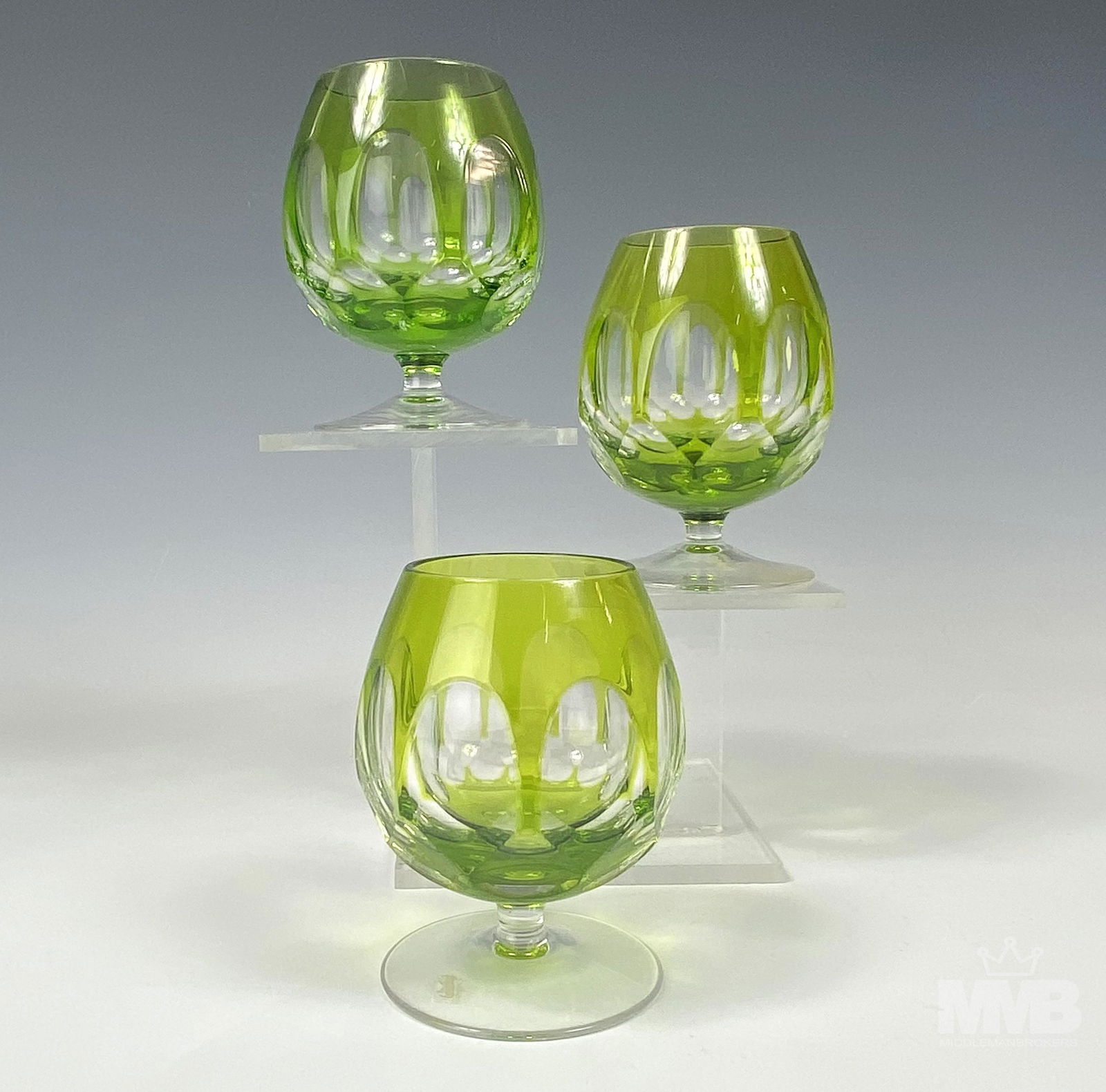 3 Czech Crystal Lime Green Cut Clear Brandy Goblet (1 of 3)