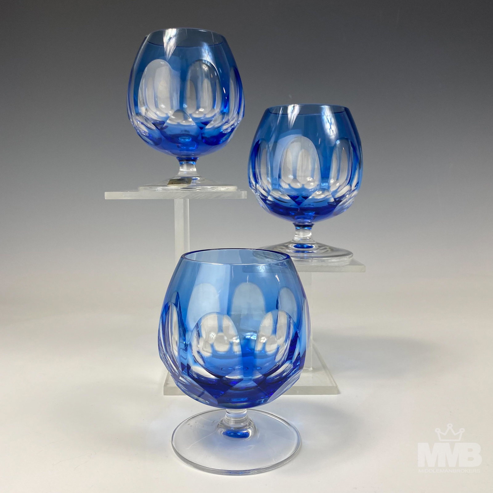3 Czech Crystal Sky Blue Cut Clear Brandy Goblets (1 of 5)