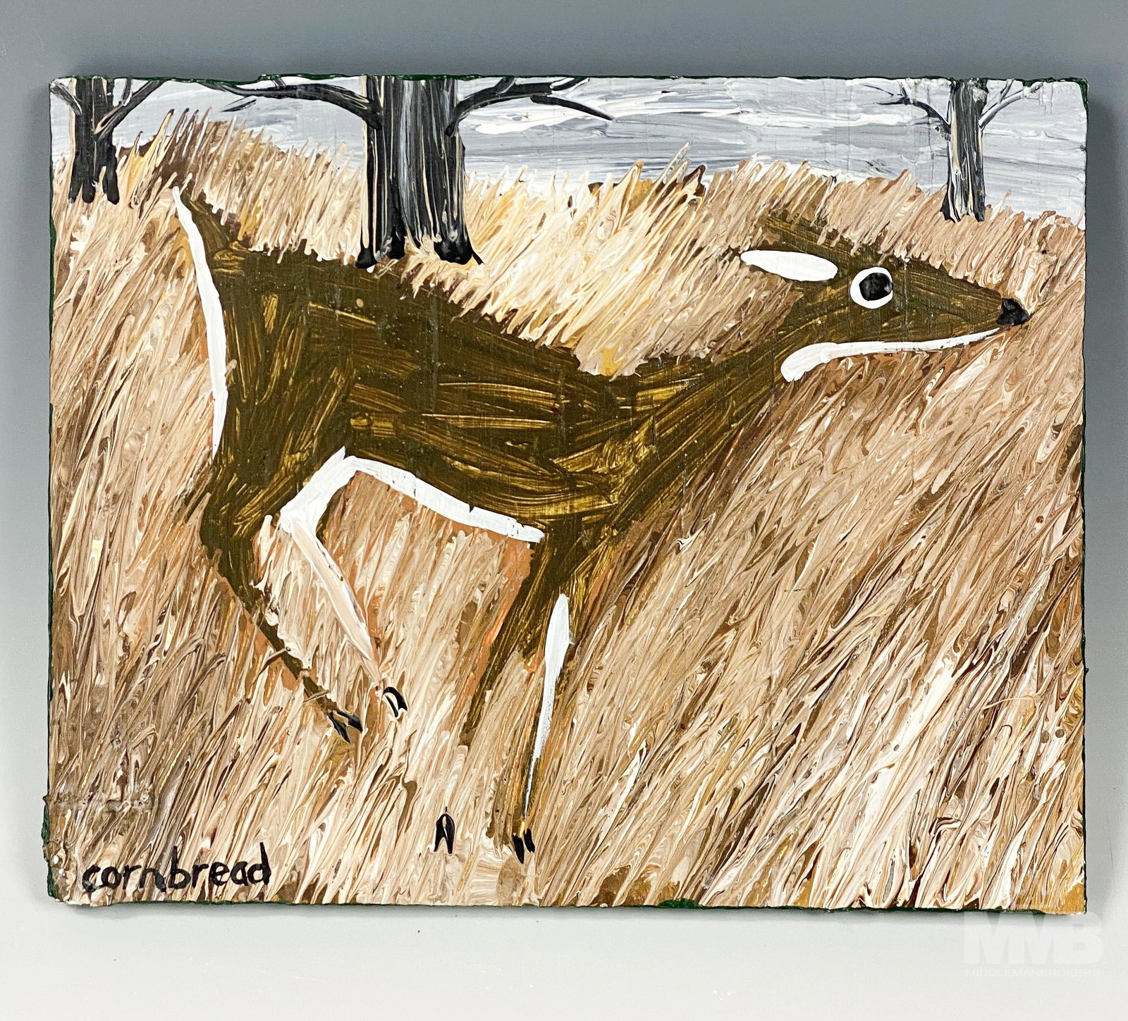 Cornbread Folk Art Deer Oil Painting on Wood Board: Cornbread ( American, 20/21/st century) known for street art painting. Nature inspired subject matter features a white bellied deer foraging through the grasslands. Good estate fresh condition. Being 