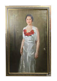 Henry Rittenberg 1879-1969 Portrait Oil Painting: Henry R Rittenberg, (American, 1879-1969). Known for his portrait, figures and still life paintings. Subject matter features well groomed elegant lady in a formal white gown wearing a white pearl chok
