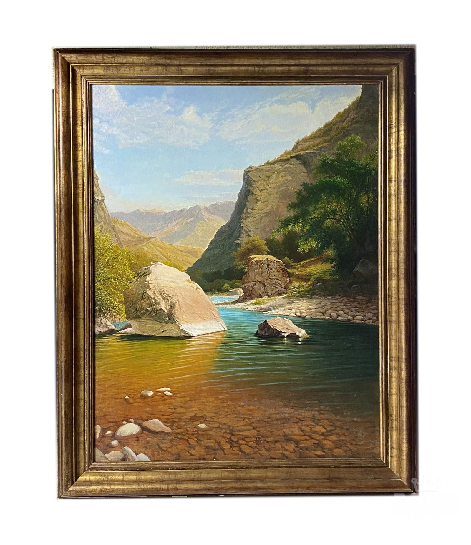 Mystery Artist Stream Hill Landscape Oil Painting: Well painted subject matter with a Trompe L'oeil influence. Depicts a stream with hills and mountains in the back ground against a sky blue white ground. Good estate fresh condition. Storage related w