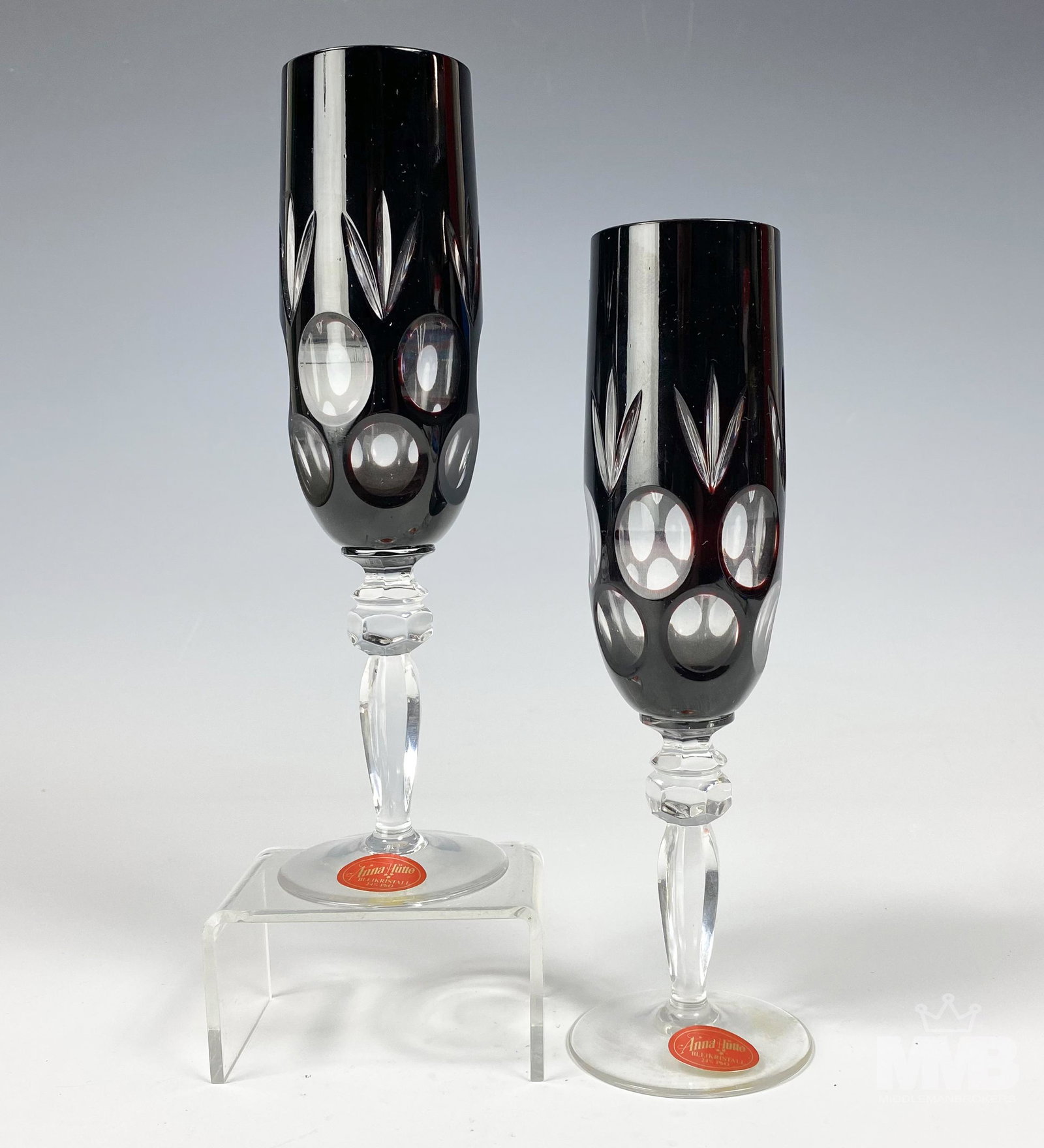 2 Anna Hutte Cranberry Cut Clear Champagne Goblets (1 of 4)