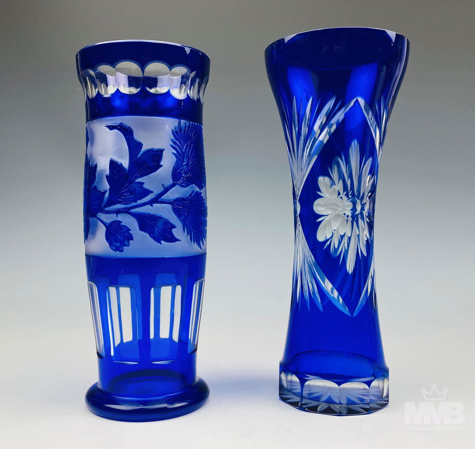 2 Bohemian Czech Crystal Blue Cut Clear Glass Vase (1 of 8)