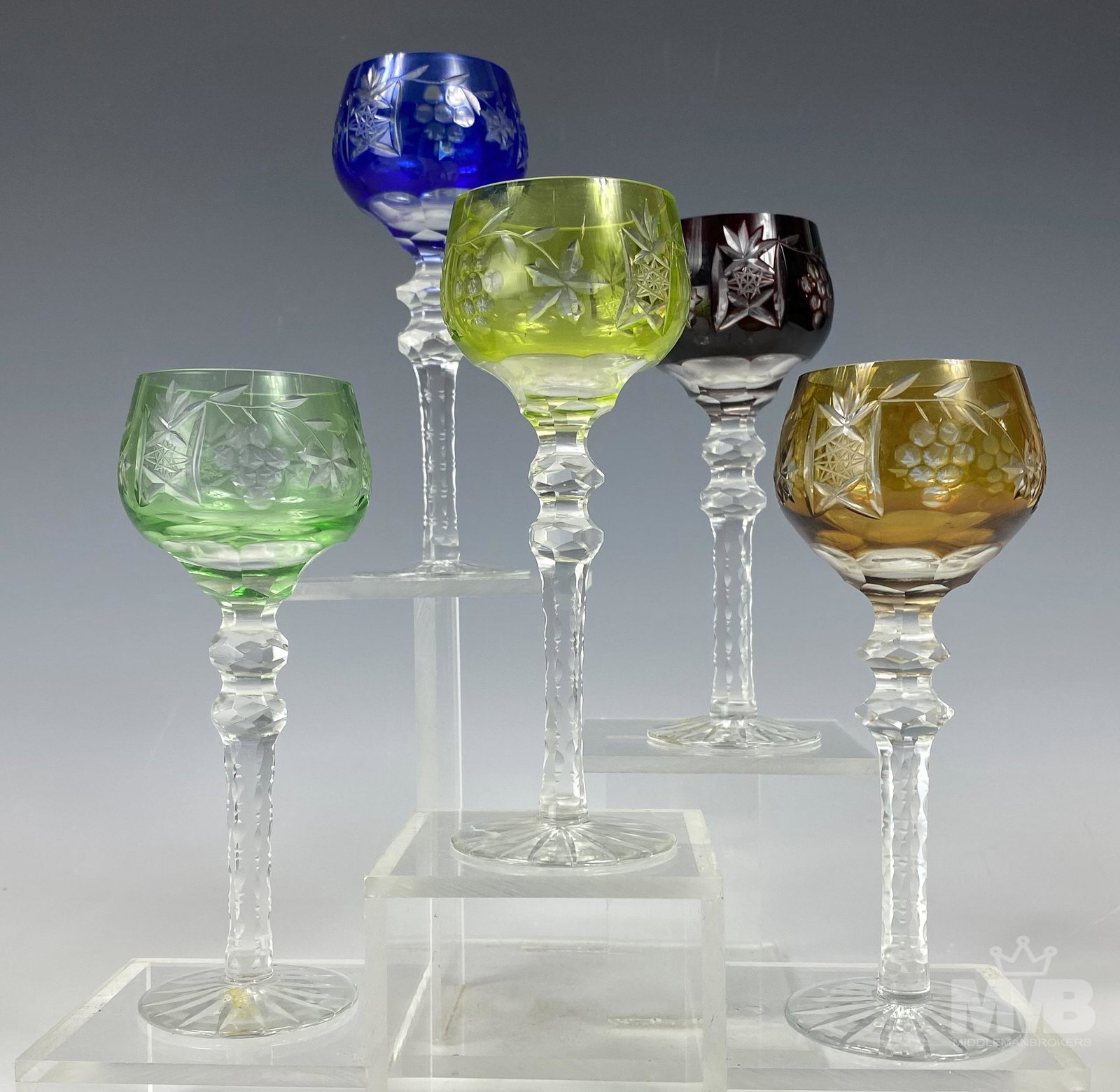 5 Bohemian Czech Crystal Cut Clear Barware Cordial: Offered for auction are 5 art glass crystal bar barware stemware articles. Modeled. Each graced with cut grape cluster, leaf, vine, hobstar, fan and vertical cuts against a colored ground. Double knob
