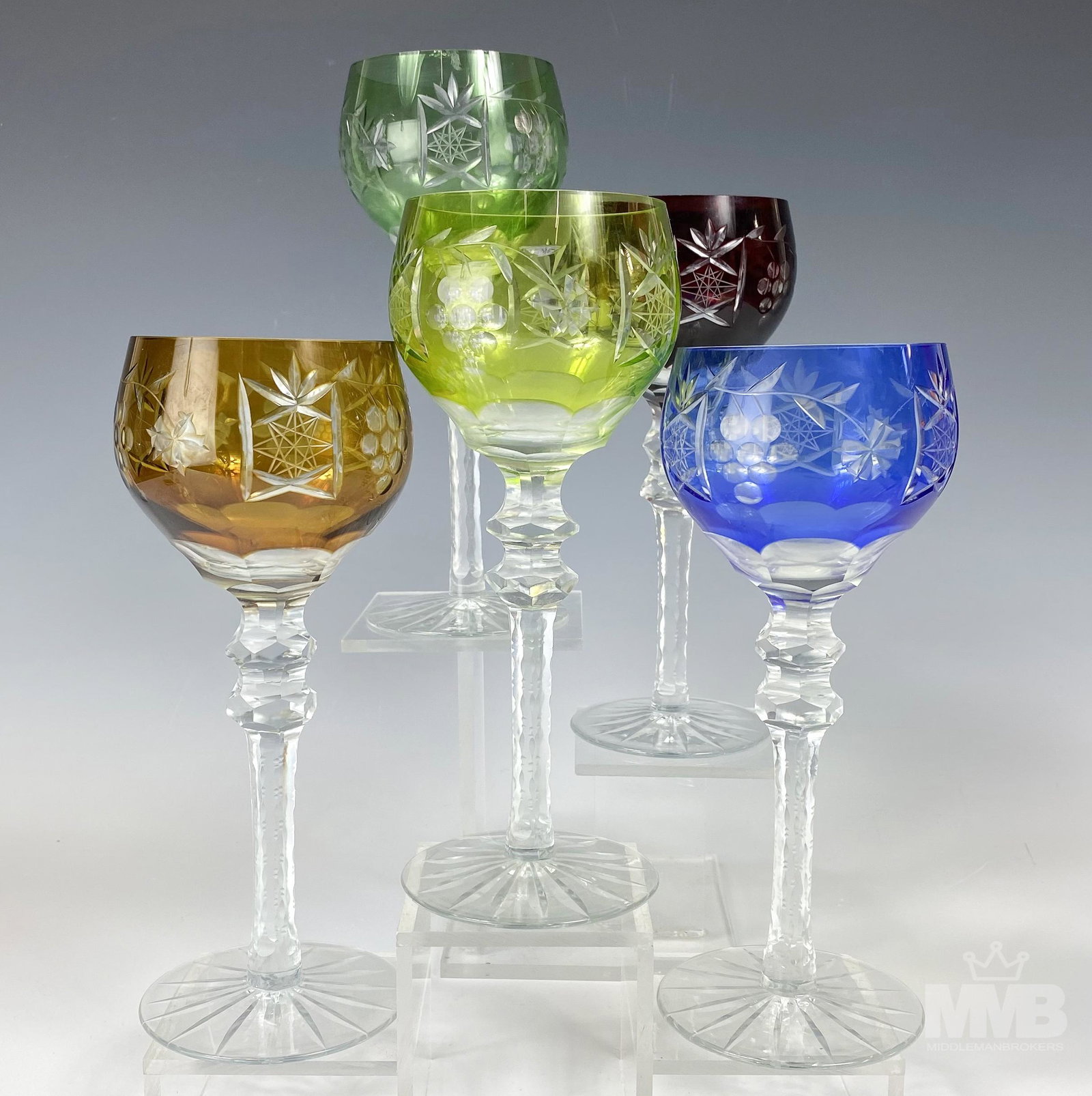 5 Czech Crystal Bar Barware Cut Clear Wine Glasses: Offered for auction are a set of 5 crystal art glass bar barware wine glass goblets. Each graced with grape clusters, leaf, vine, fan and hobstars against their respective colored ground. Double knobb