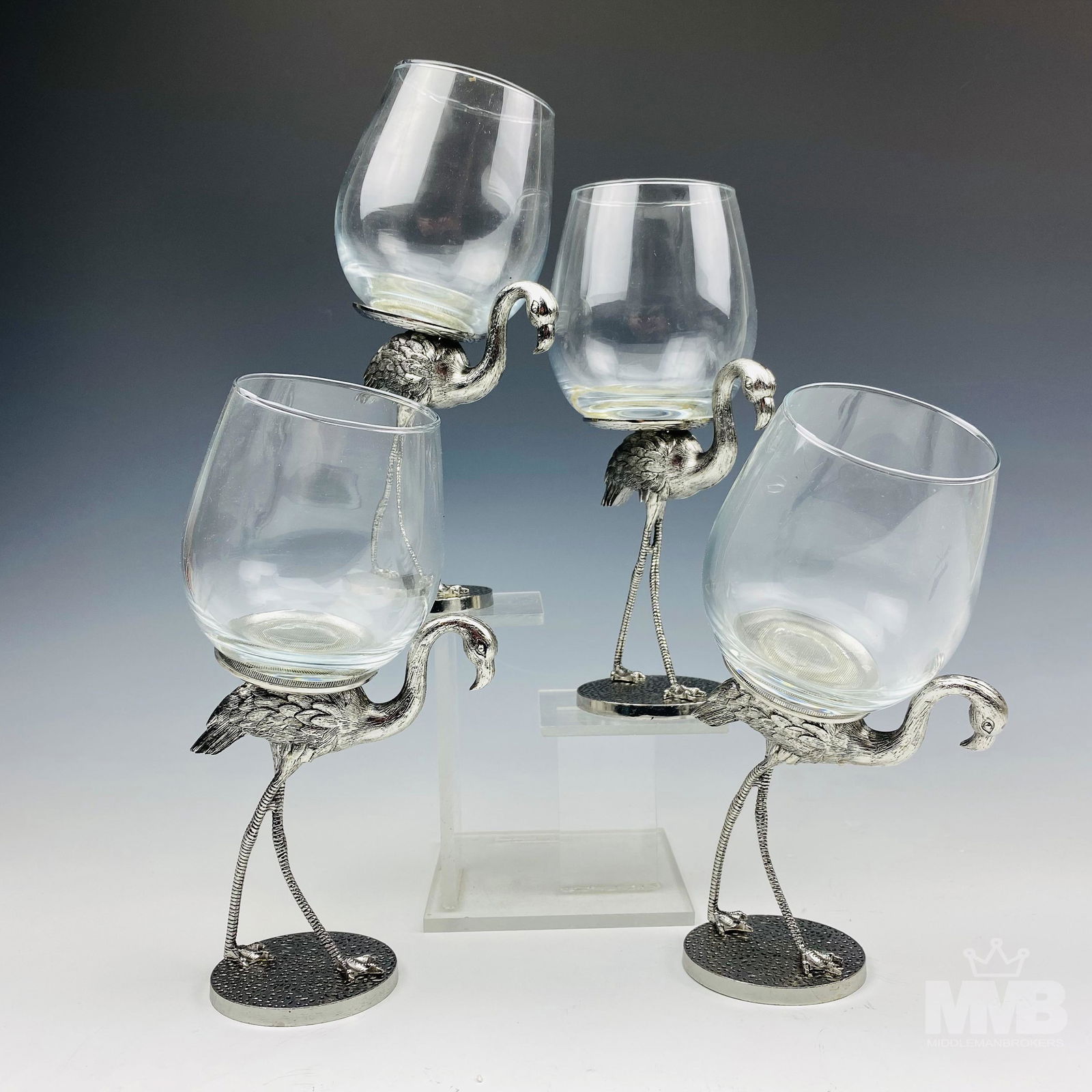 4 Silver Tone Flamingo Bird Glass Drinking Goblets (1 of 7)