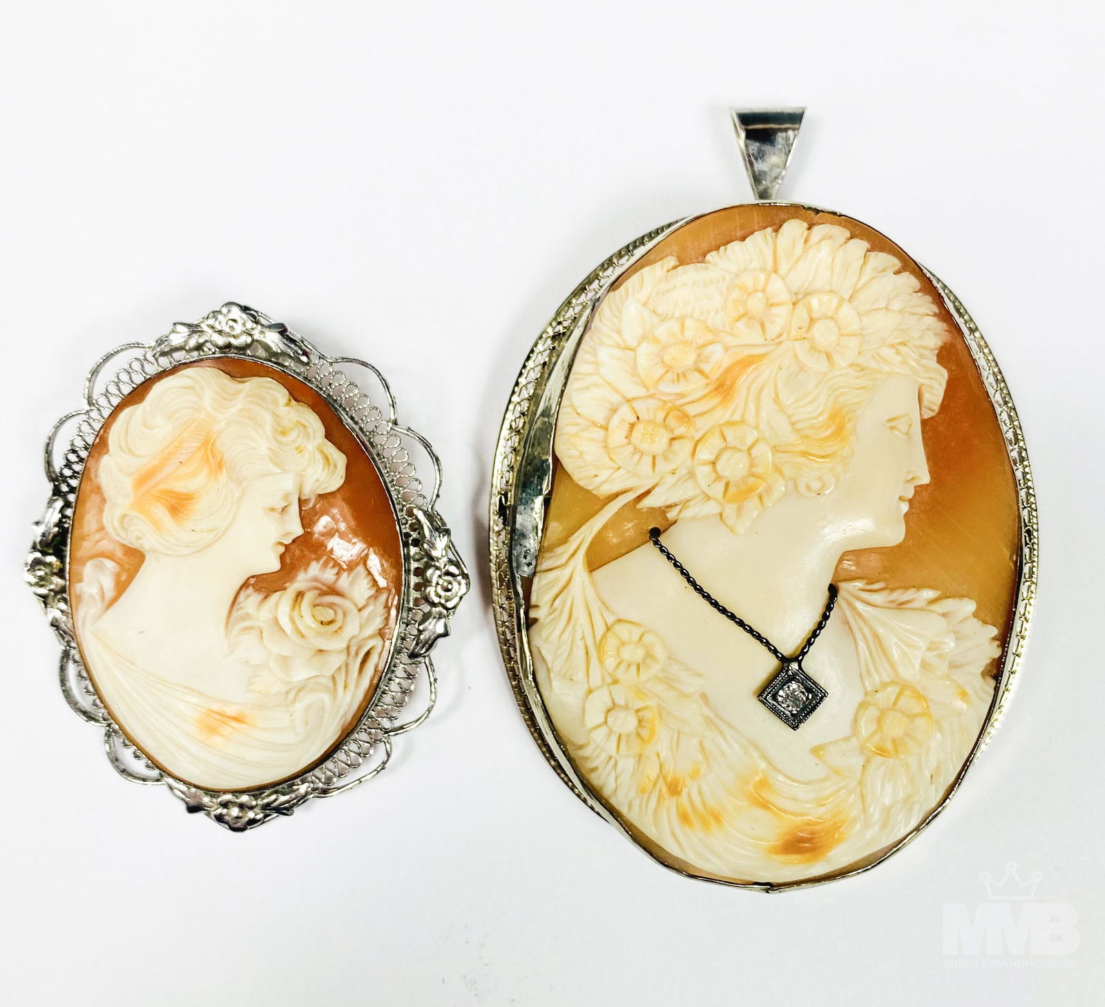 14K White Gold & Sterling Silver Cameo Brooch Pins (1 of 5)