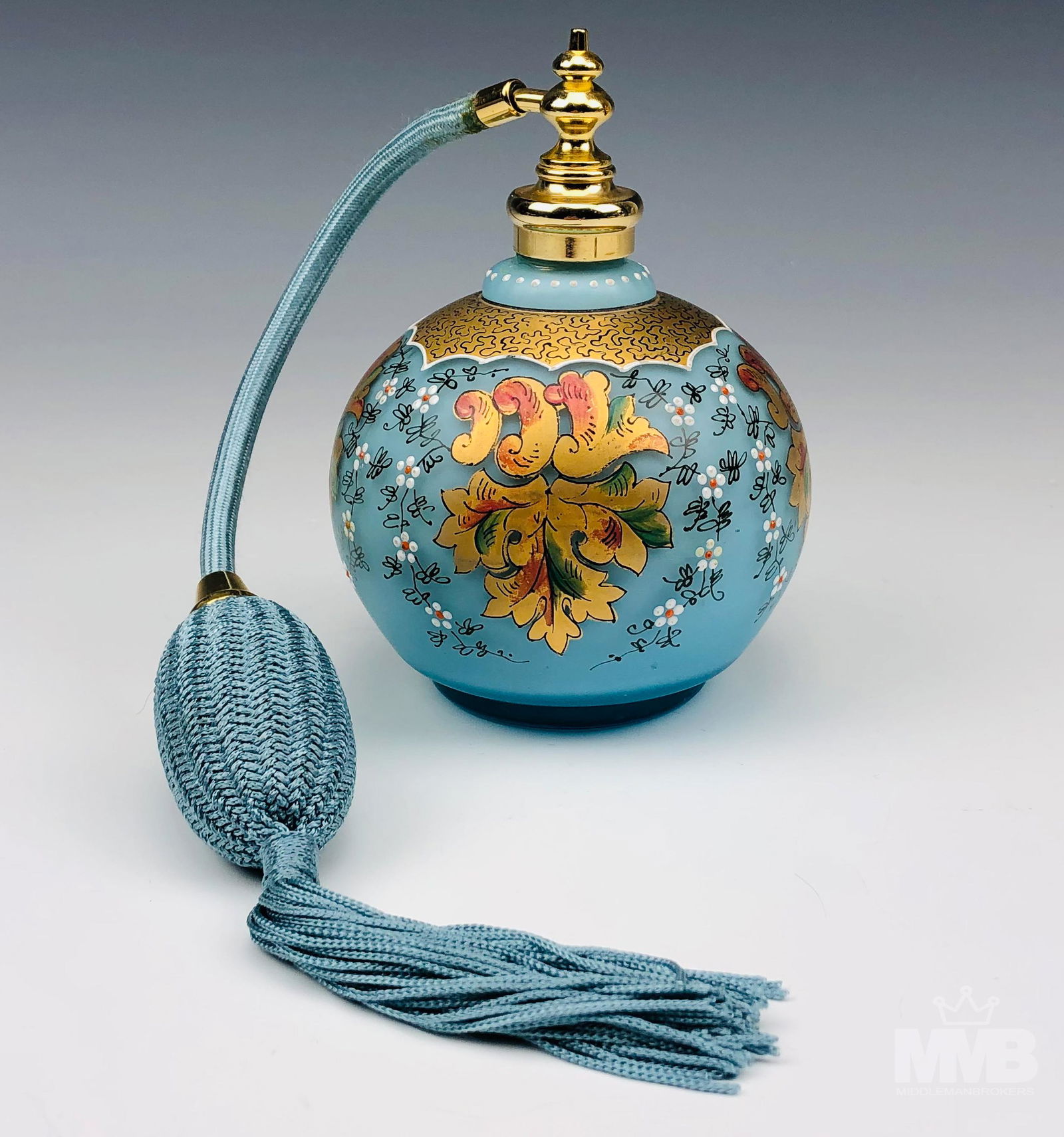 Hand Painted Blue Glass Perfume Atomizer Bottle (1 of 4)