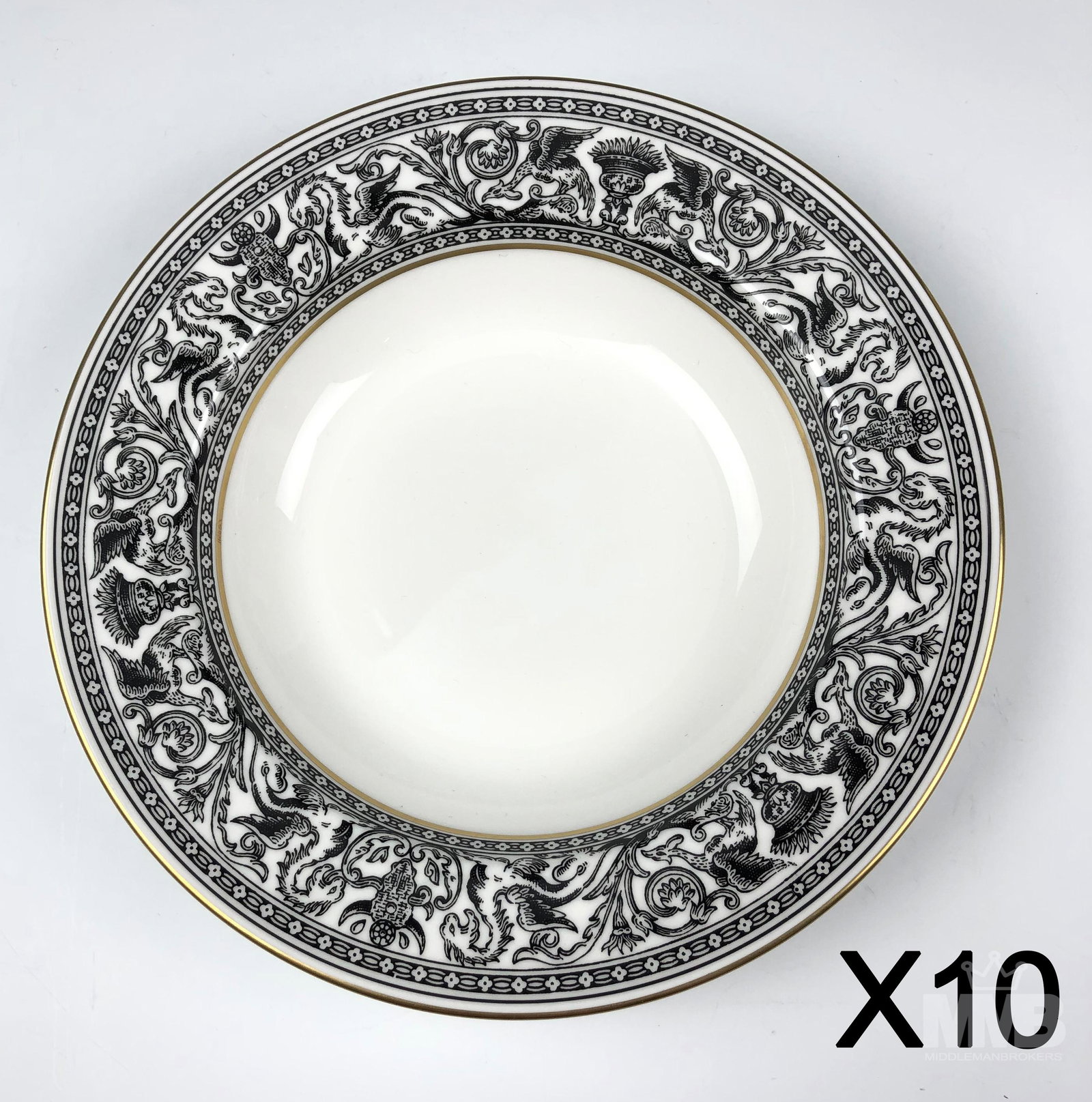 Set 10 Wedgwood Florentine Black 8" Rim Soup Bowls: Each graced with mythological dragons, phoenix birds and floral decorations around the border, against a crisp white ground with gold trimmed linings. Production years 1959 - 1997. Glazed finish. Good
