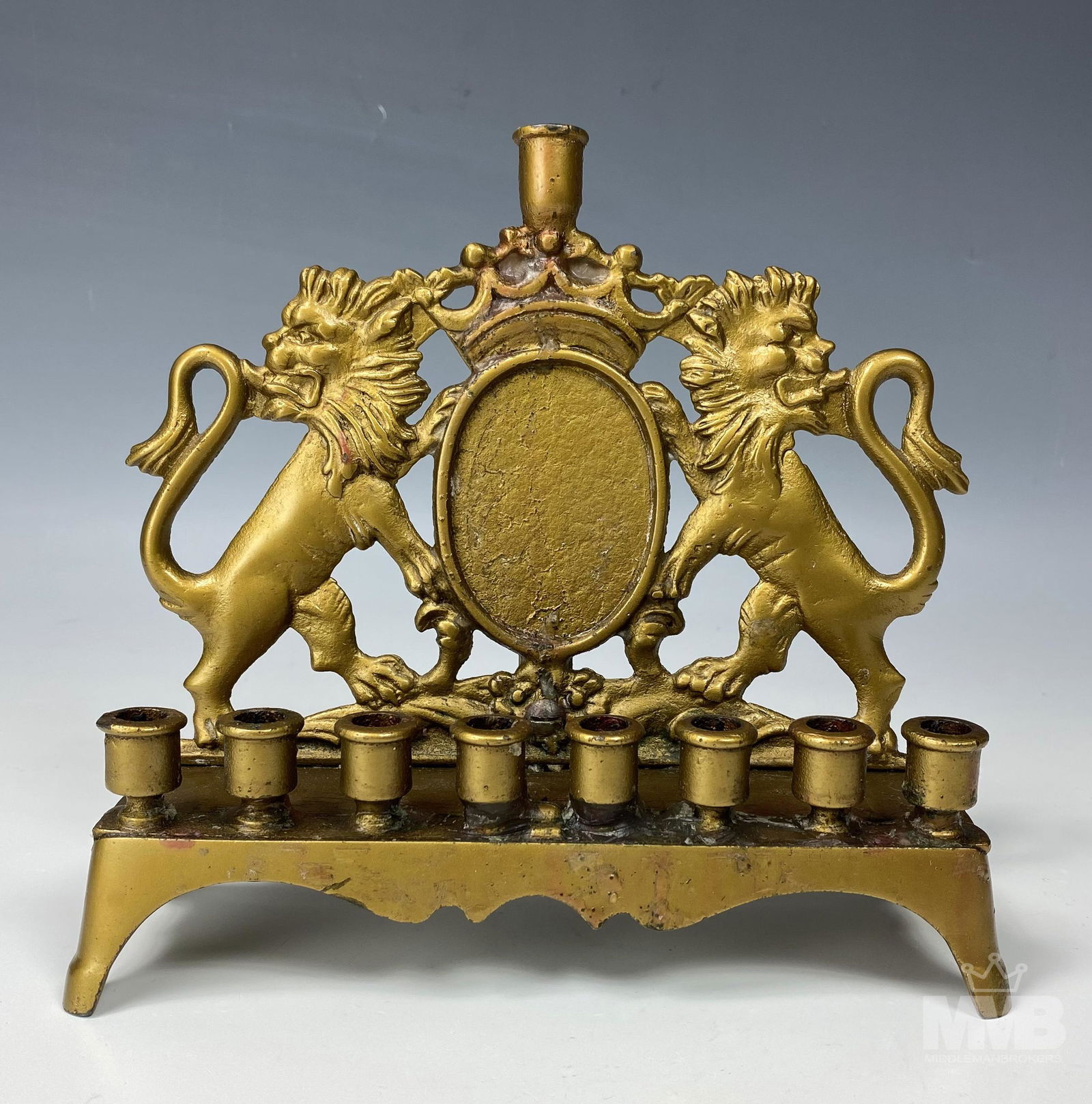 Antique Brass Judaic Lion Hanukah Candle Menorah (1 of 5)
