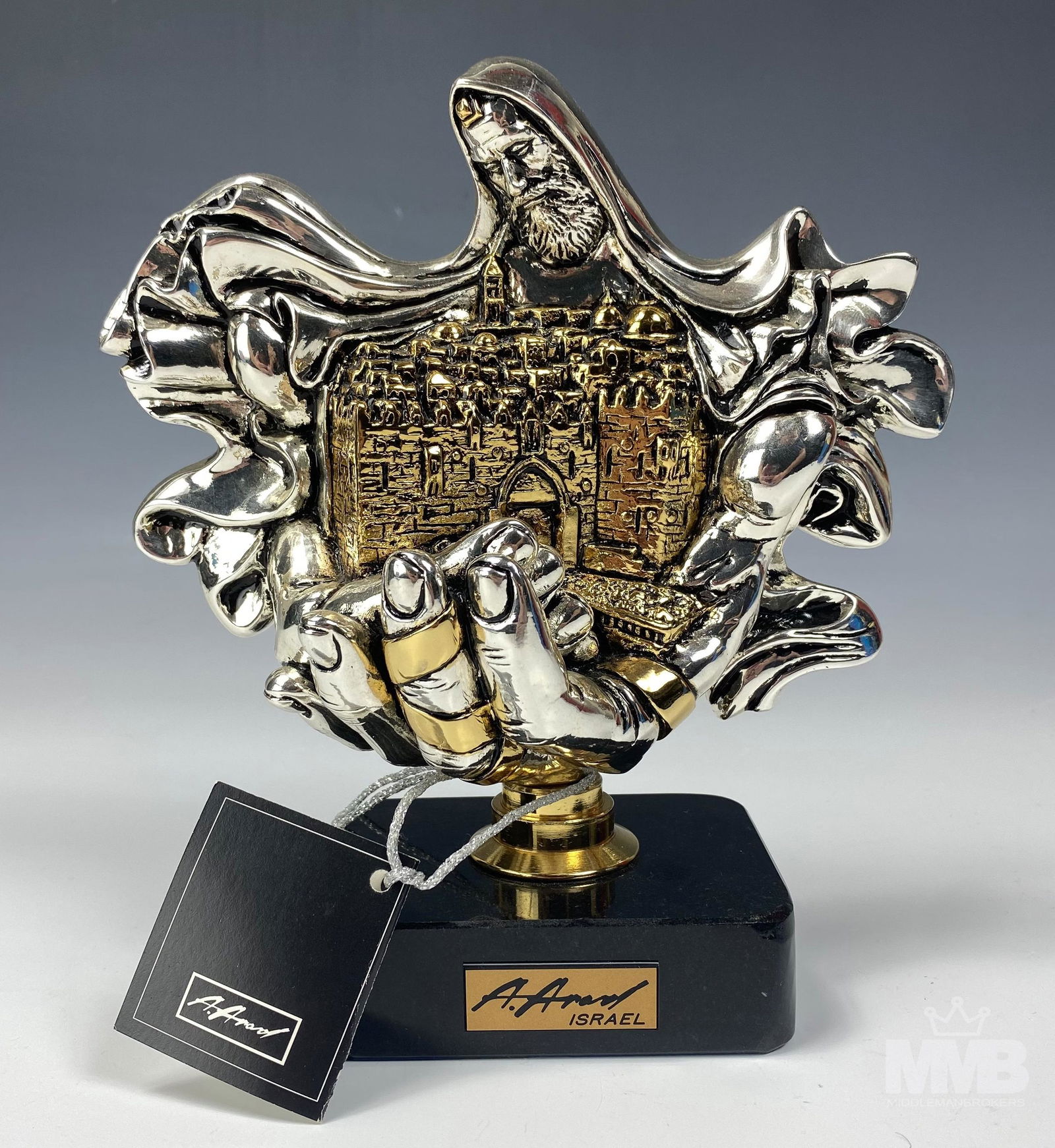 Arad Avraham Silver & Gold Judaica L/E Sculpture: Limited edition sculpture manufactured by Arad Avraham. Designed by the known artist Ari Harpaz in a limited edition of 1500. Titled "Jerusalem of gold and of copper and of light."925 Silver and gold