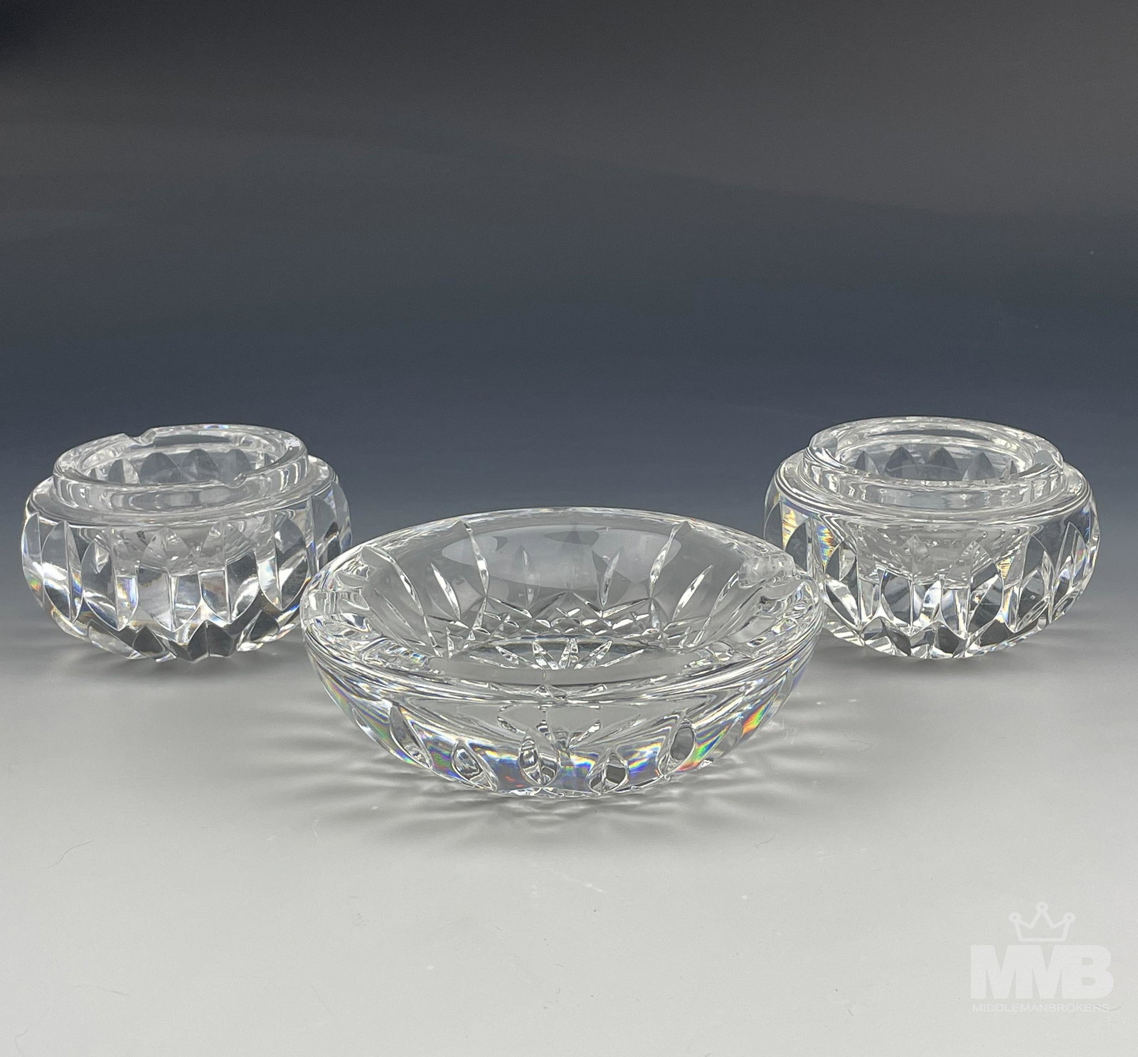 Waterford Crystal Lismore & Giftware Glass Ashtray: Includes 3 ashtray bowls, two in the Giftware pattern and one in the Lismore pattern. All manufactured by Waterford, Ireland. Graced with cut patterns with each having a cigarette lip rest on opposite
