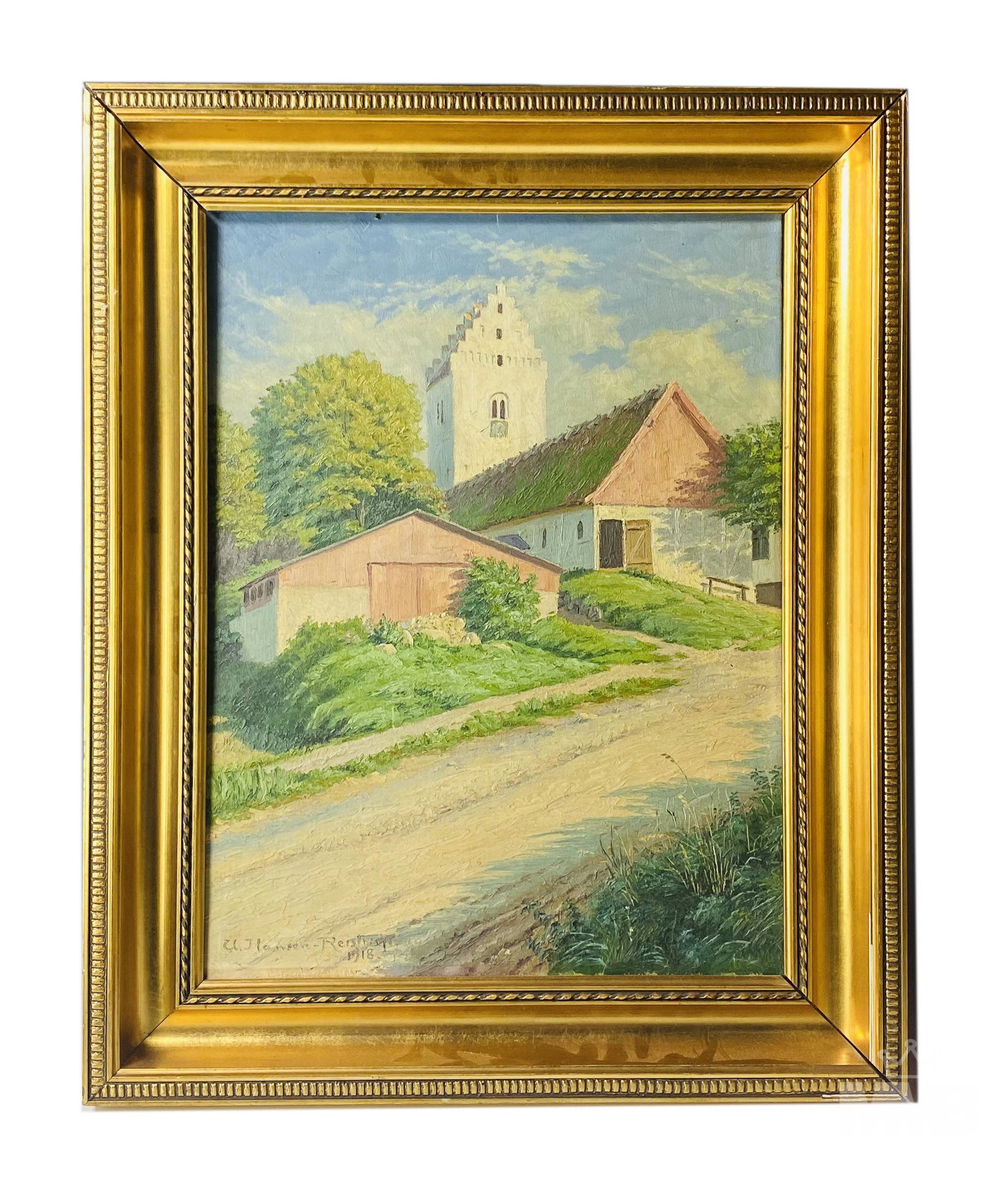Urban Hansen Reistrup 20C Landscape Oil Painting: Urban Hansen Reistrup (20th Century, Denmark). Original oil on canvas painting. Depicts white and brown buildings amongst a lush green landscape. Good condition with wear to frame. Frame measures 25 i