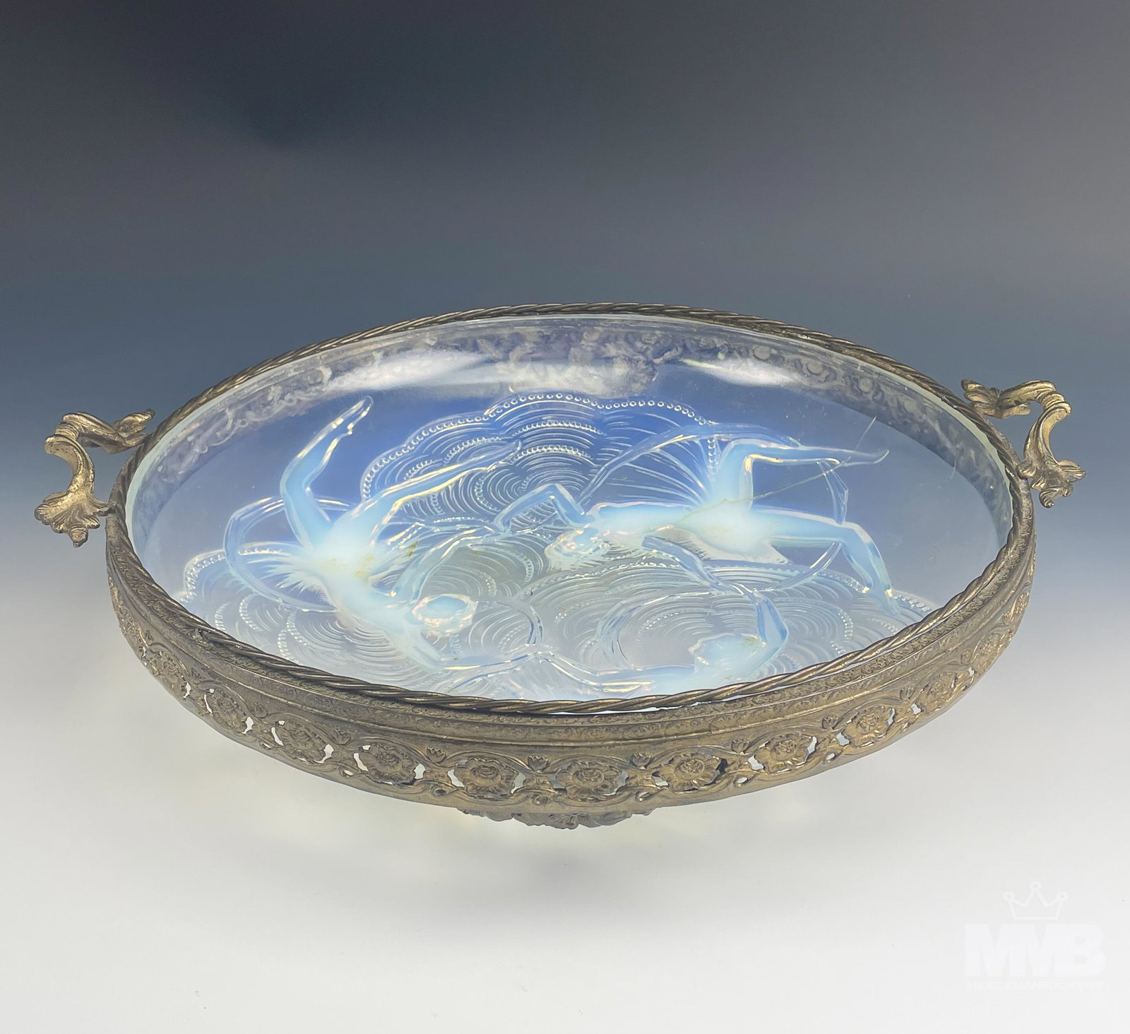 Sabino Art Deco Opalescent Ballerina Glass Bowl: Features 3 raised relief ballerinas in dance poses on the underside, against a cloud like ground. A gilt brass mounted collar with pierced design around the top with a twisted cable lining and having 