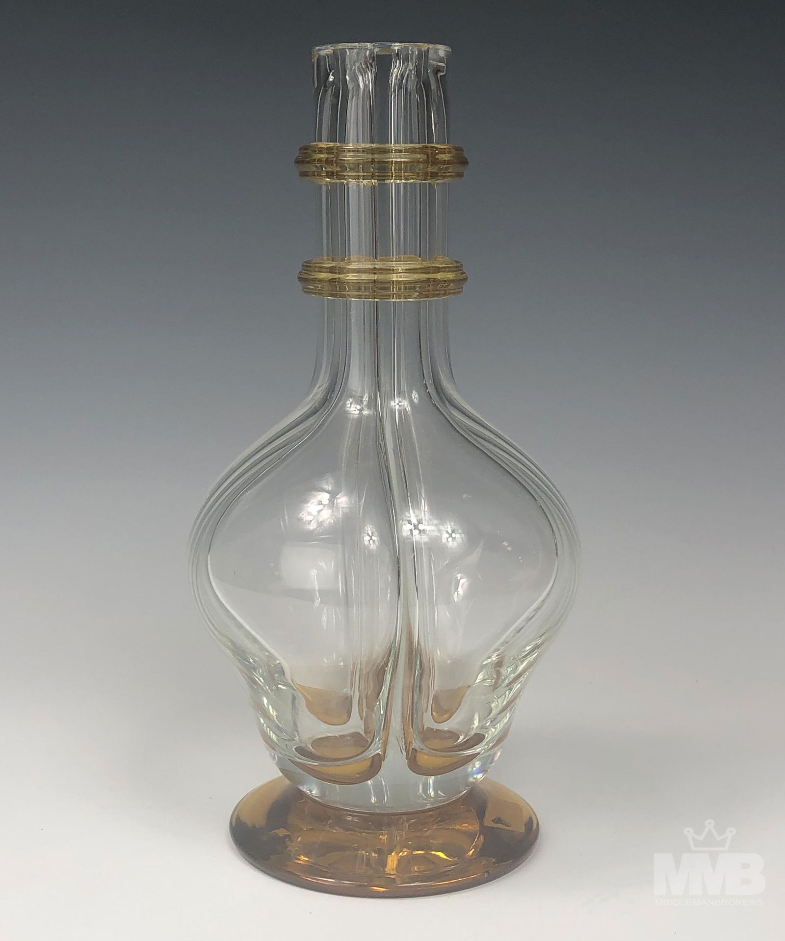 Bohemian Czech Clear Amber 4 Frog Art Glass Vase (1 of 4)