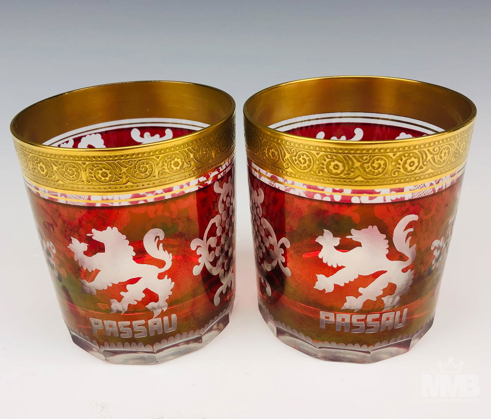 Pair Bohemian Czech Glass Cranberry Tourist Cups (1 of 3)