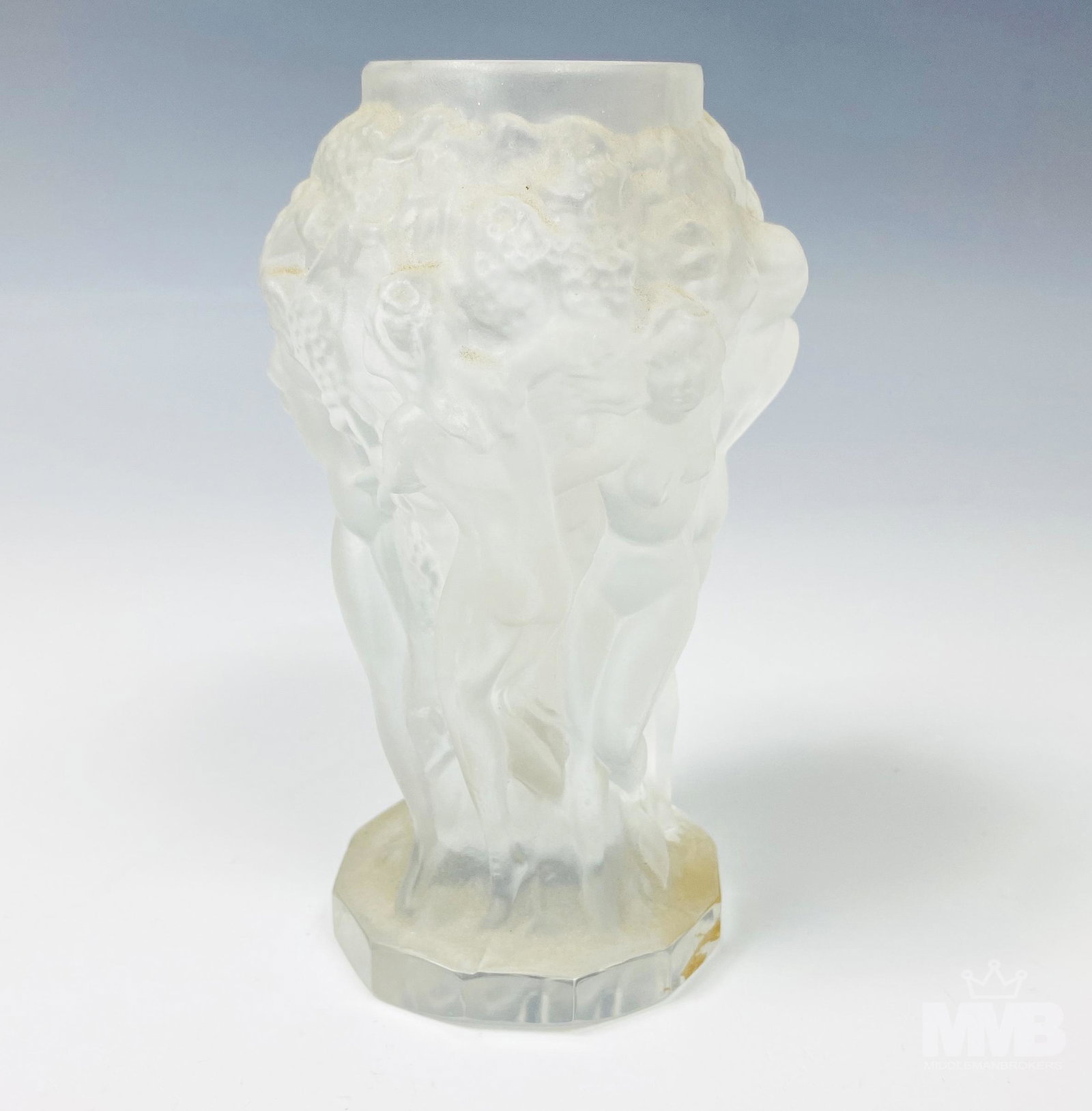 Bohemian Czech Crystal Art Deco Frosted Glass Vase: Miniature crystal glass vase modeled in the style of Lalique. Features raised relief nude figural design. Good overall condition with mild storage wear. Measures approximately 5 in. x 3 1/4 in. x 3 1/