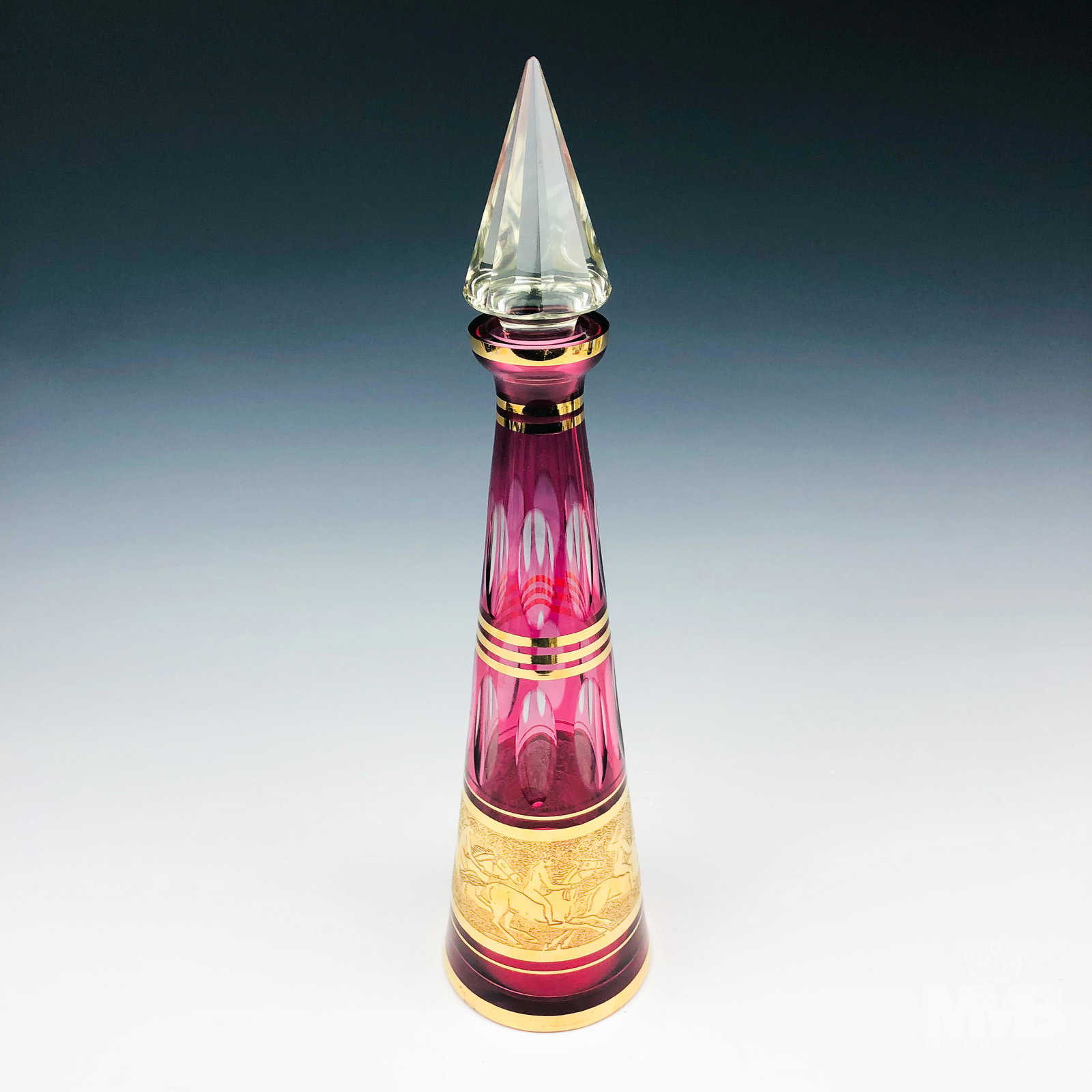 Bohemian Cut to Clear Cranberry Glass Decanter (1 of 3)