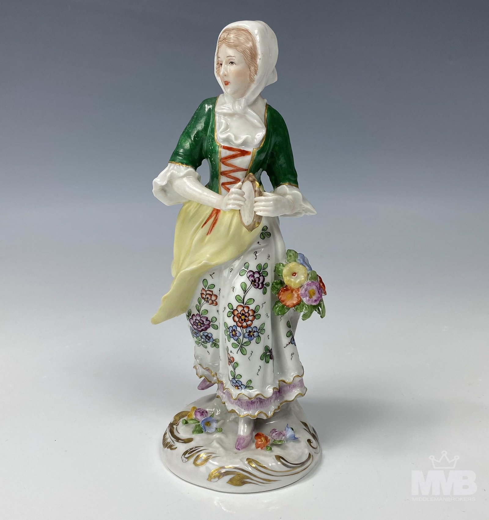 Capodimonte 6" Italian Porcelain Peasant Figurine: Capodimonte female peasant porcelain figurine. Marked on bottom. Measures 6 1/2 in x 2 1/2 in x 2 1/2 in. Good condition with mild surface wear. MMB in house USA continental shipping $35 plus insuranc