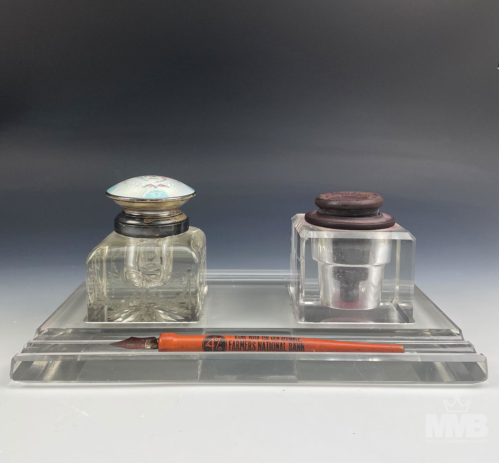 Antique Glass w/ Sterling Guilloche Double Inkwell (1 of 8)