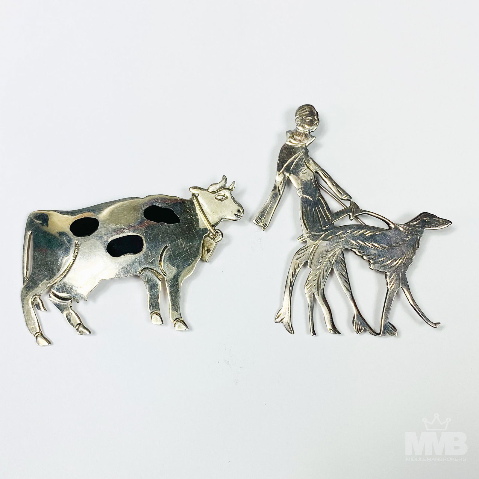 Sterling Silver Cow & Dog Figural Deco Brooch Pins (1 of 6)