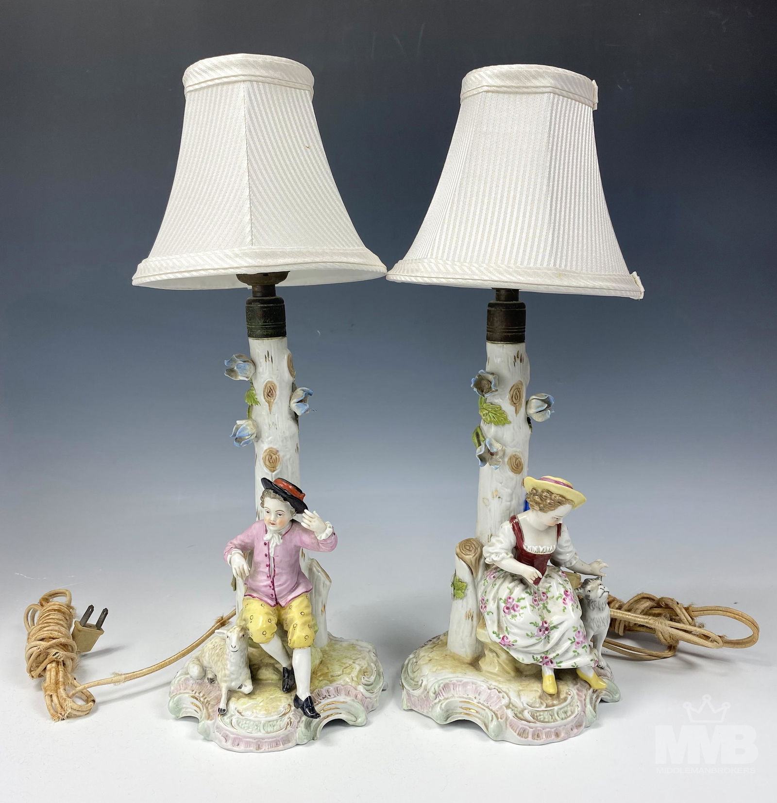 Pair Antique Dresden Porcelain Figural Table Lamps (1 of 8)